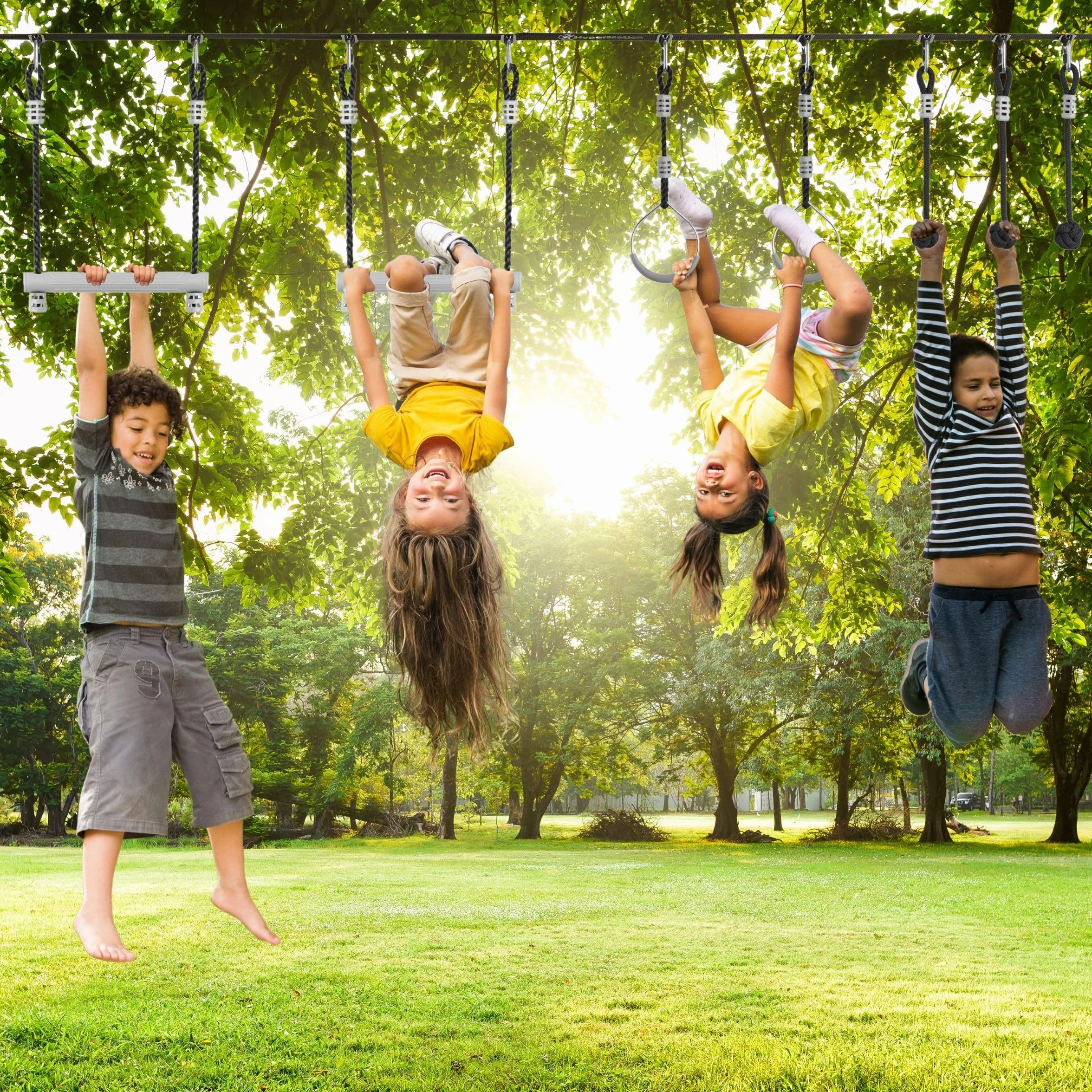 HyperMotion Tor Przeszkód Ninja Dla Dzieci Zestaw Slackline – 7 Przeszkód Z Kółkami Małpimi Pięściami I Drążkami – Udźwig Do 113 kg – Do Ogrodu – Outdoor Zabawa Ruchowa Dla Dzieci I Młodzieży