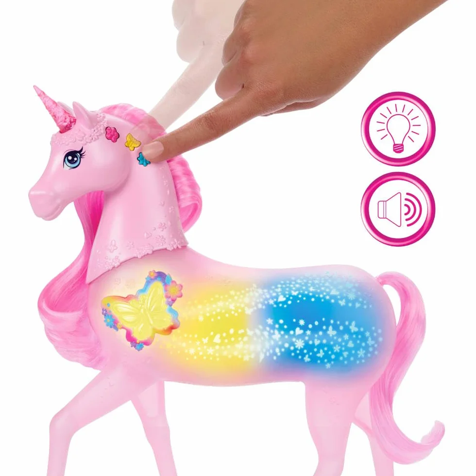 Barbie Magiczny jednorożec Baśniowe światełka Interaktywna zabawka jednorożec z 20 kombinacjami światełek, dźwięków i muzyki, zabawa aktywowana naciskaniem przycisków i głowy, JCP78