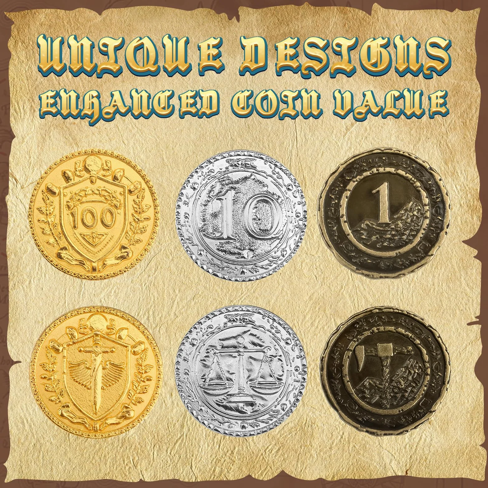 Byhoo 150 metalowych monet DND, 1,2", złote, srebrne, miedziane, o wartości nominalnej, do gry planszowej i RPG, Fantasy metalowe monety dla piratów, do zabawy, na imprezę, cosplay