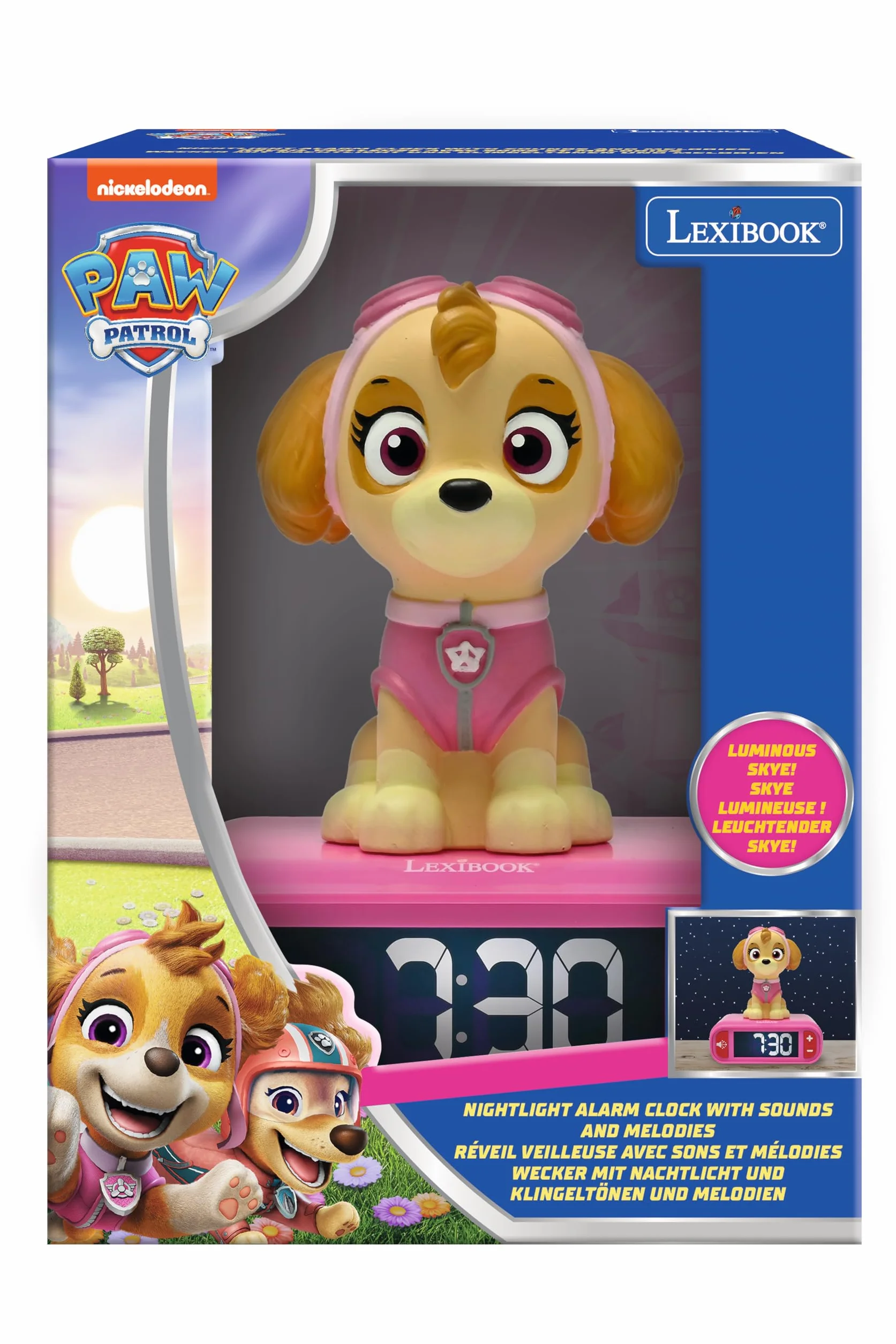 Lexibook PAW Patrol budzik nocny z dźwiękami i melodiami, podświetlany ekran LCD, różowy