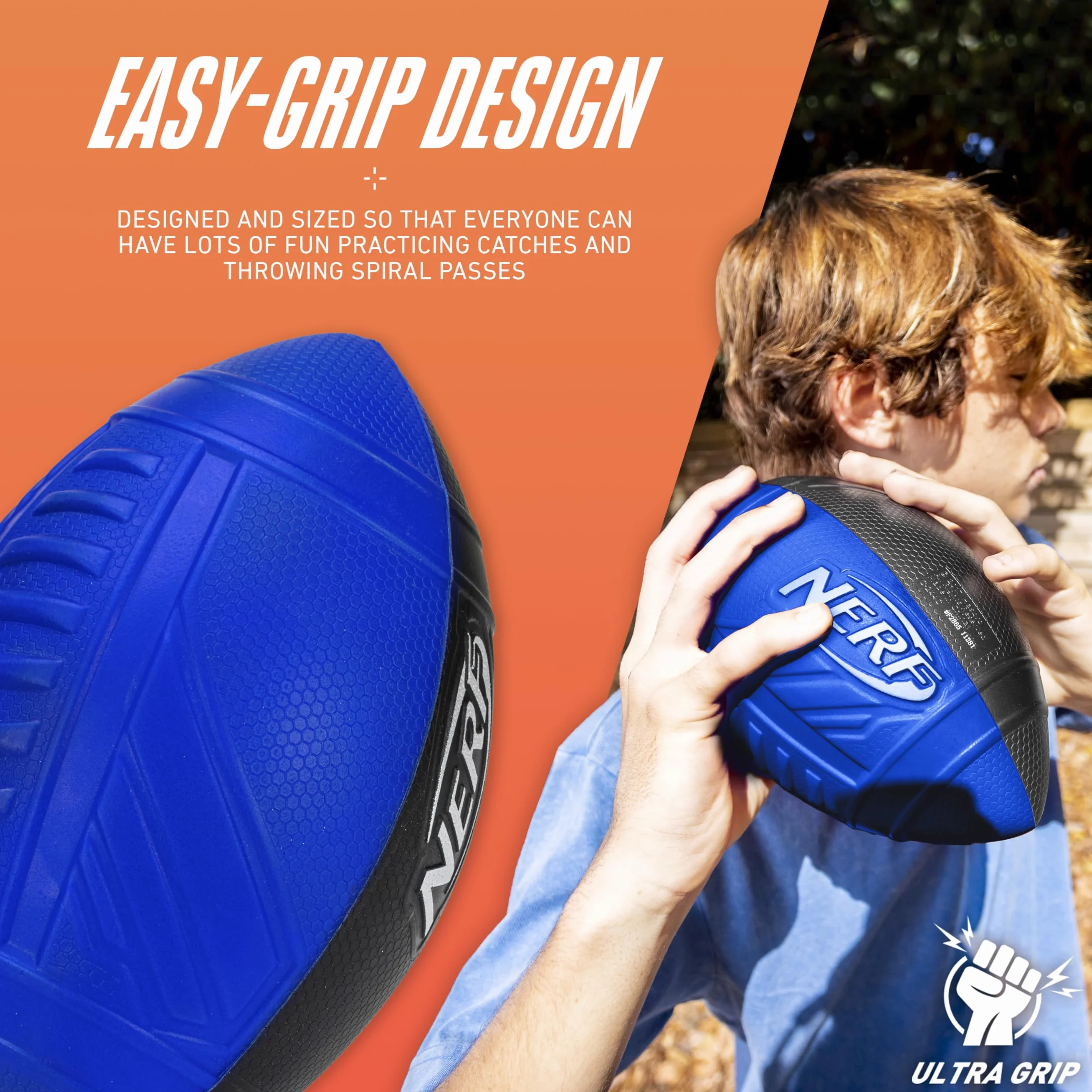 Nerf Pro Grip piłka nożna, klasyczna piłka piankowa, łatwa do złapania i rzucania, idealna do zabawy wewnątrz i na zewnątrz, niebieska