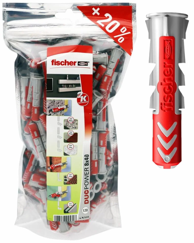fischer DuoPower Big Pack, 120 uniwersalnych kołków, wydajne 2-komponentowe kołki, kołki z tworzywa sztucznego do mocowania w betonie, cegle, kamieniu, płytach gipsowych i wielu innych, 8 x 40 cm, bez