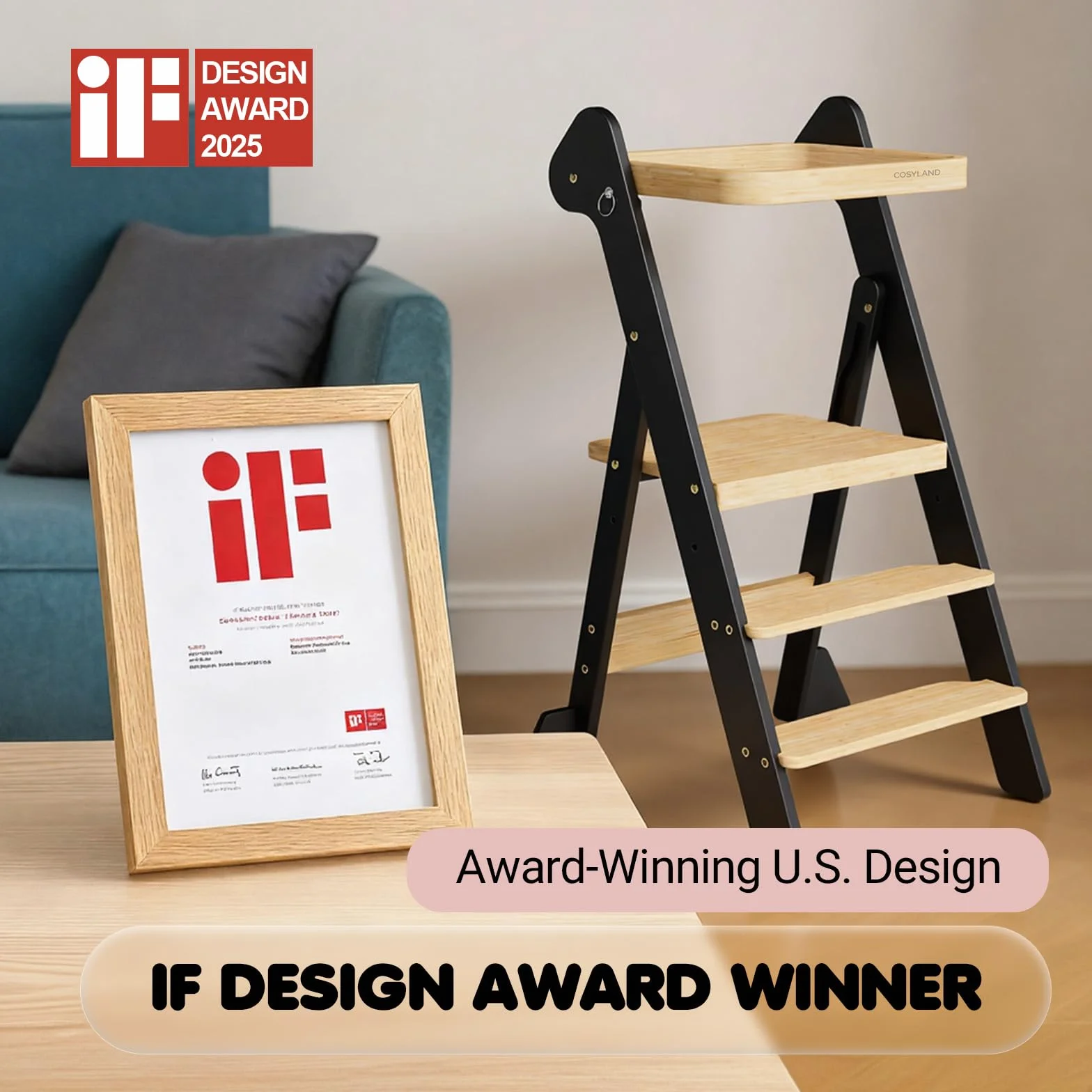 COSYLAND Składana Wieża Edukacyjna z Bambusa od 1 Roku – Laureat Nagrody iF Design, z Siatką Ochronną i Regulowaną Wysokością, Idealna do Kuchni i Łazienki, Foldi (Czarny i Naturalny)