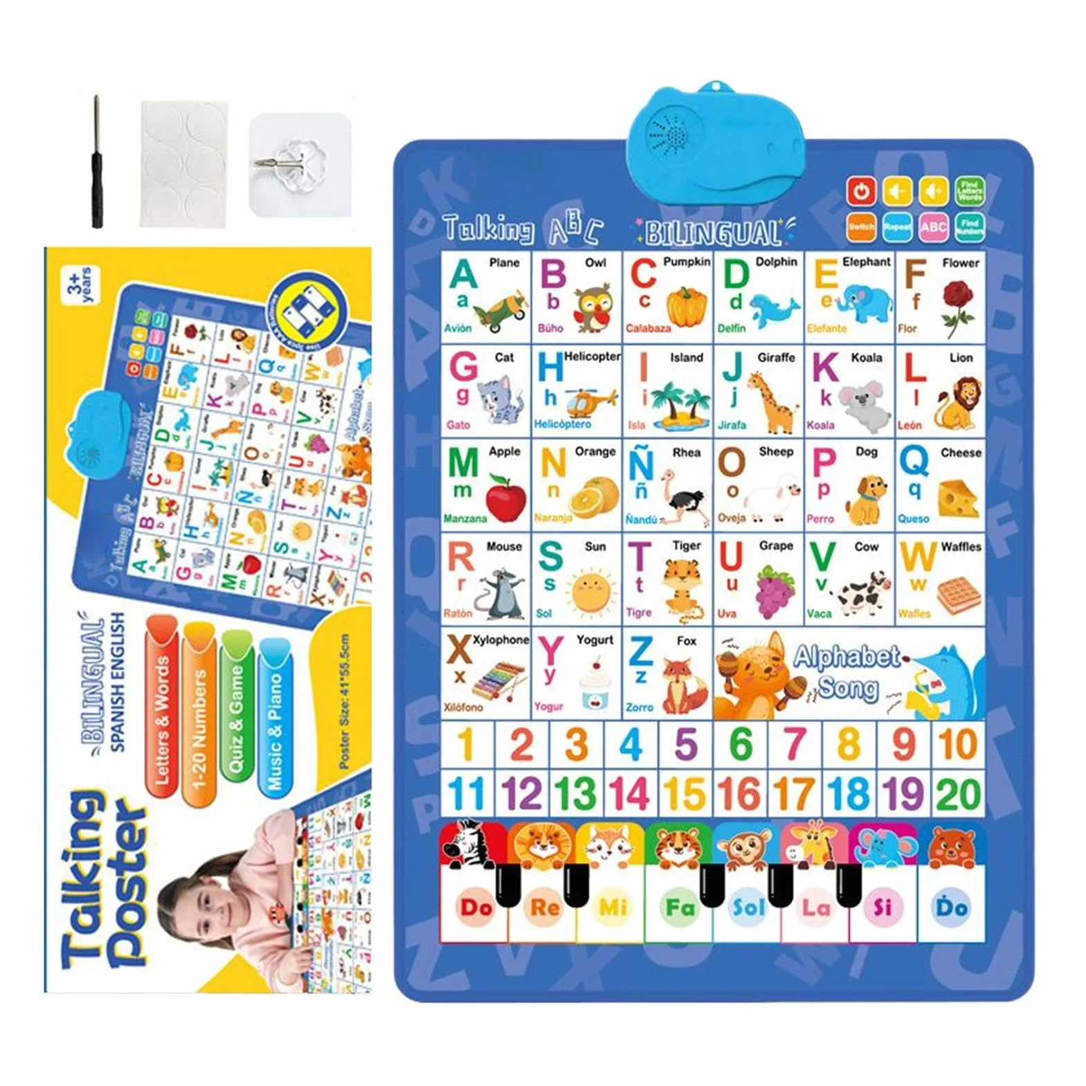 Alphabet Wall Chart, Talking Bilingual Interactive Poster, Spanish and English Music Learning Toy for Kids Ages 3-8, Classroom, Preschool, Language Development