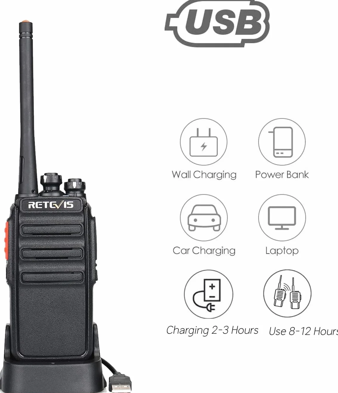 Retevis RT24 Radiotelefony i Krótkofalówki, PMR446 Bez Licencji 16 Kanałów CTCSS/DCS Walkie Talkie z podstawą ładującą USB, Radiotelefon dla Dorosłych Nadaje Się do Wędrówek, Kemping (Czarny, 2 Pary)