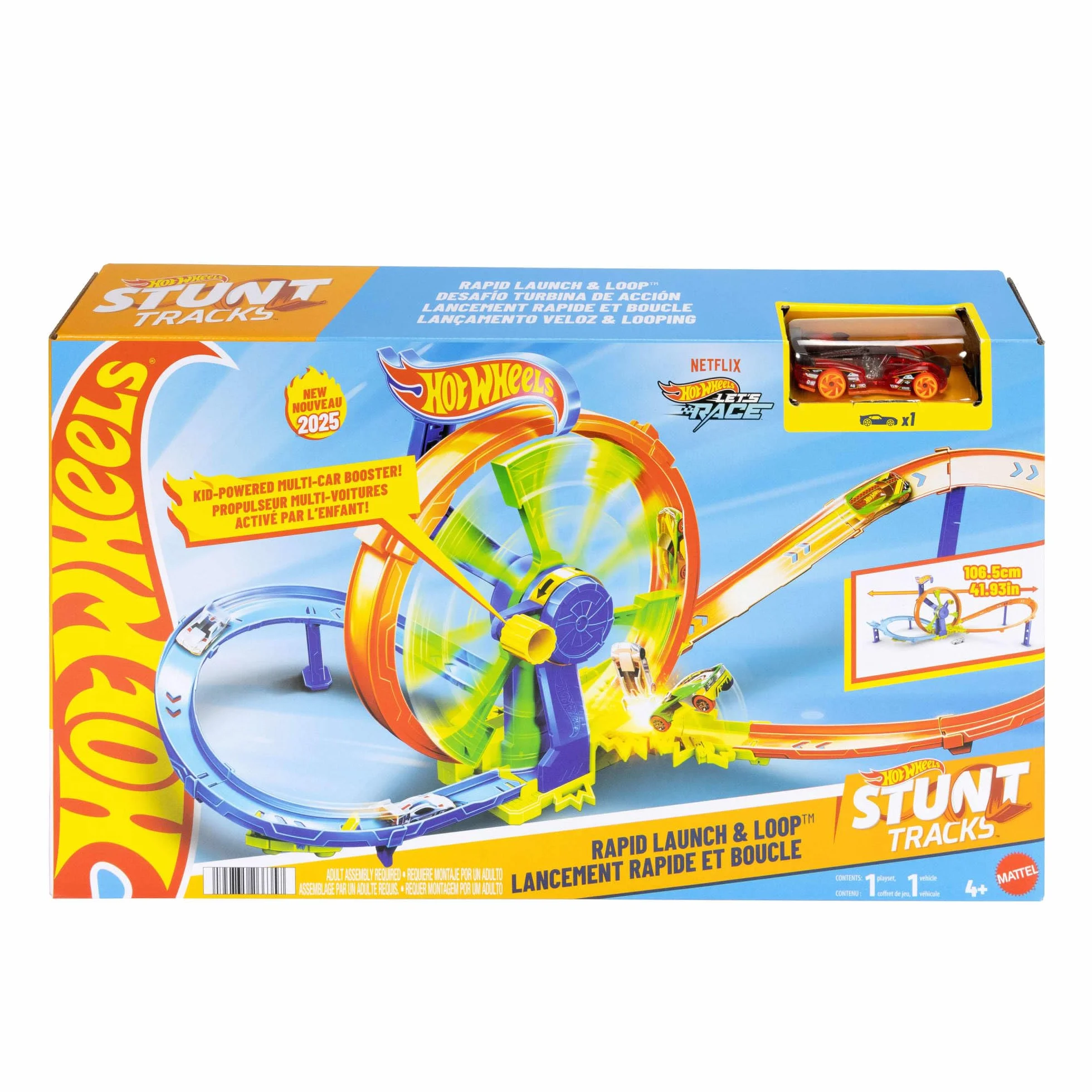 Hot Wheels Stunt Tracks Wyścigowa Turbo Pętla Zestaw do zabawy, samochodowy tor wyścigowy w kształcie ósemki, przyspieszacz, strefa kraks i metalowy samochodzik w skali 1:64, zabawka dla dzieci 4+