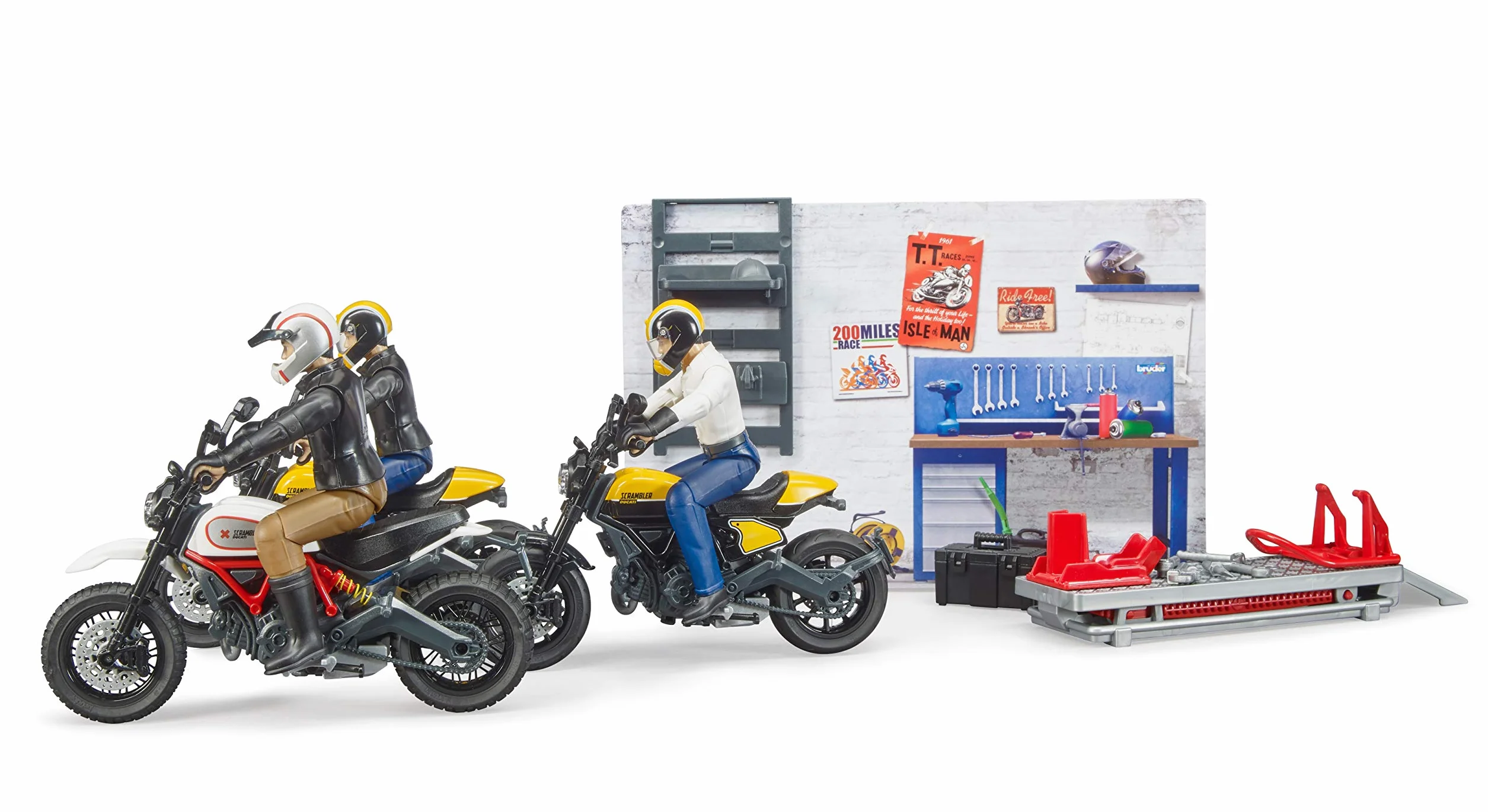 bruder 62102 - bworld warsztat motocyklowy Scrambler Ducati Full Throttle z mechanikiem, warsztat, zabawkowa figurka