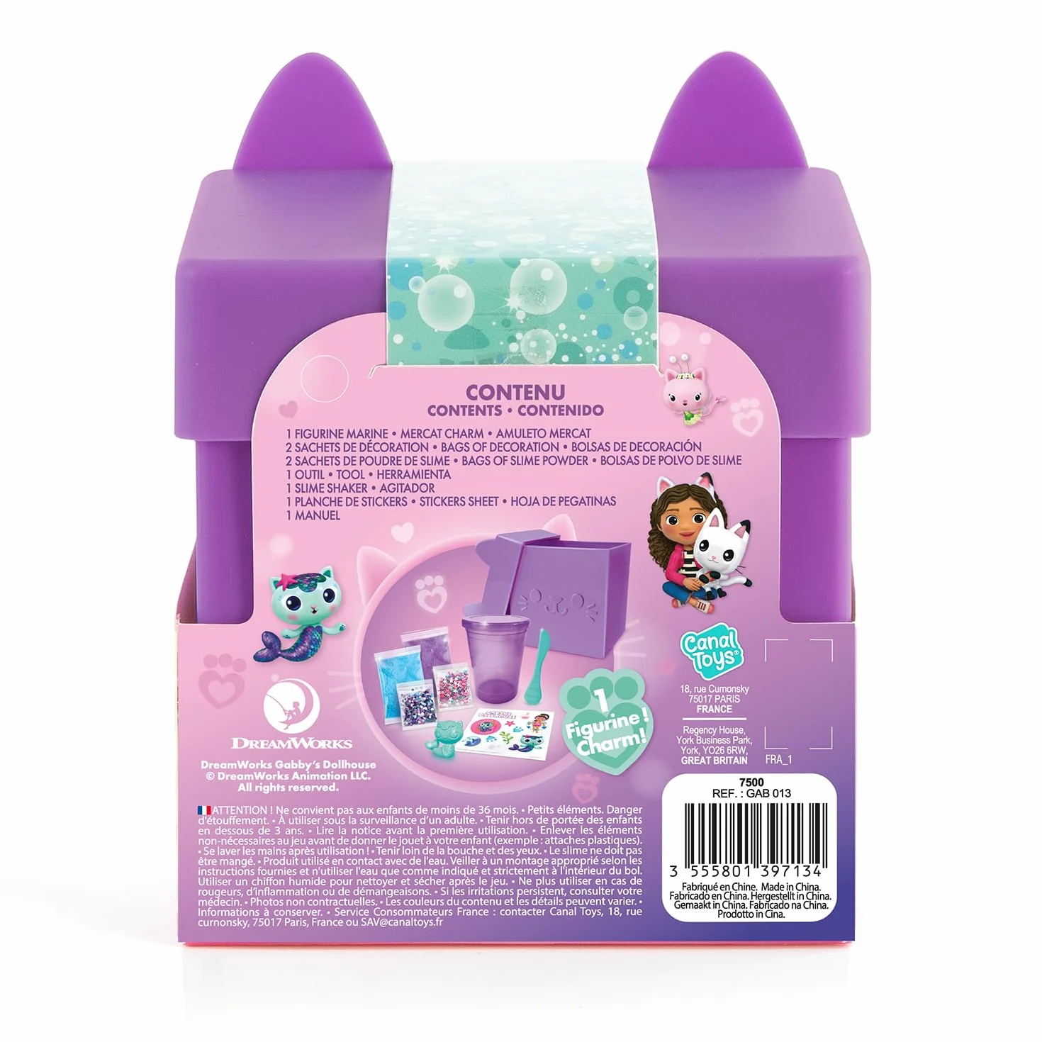 Canal Toys - Dom dla lalek Gabby - Pudełko Slime z niespodziankami od Gabby - Zestaw z 2 Slimami, naklejkami, figurką i niespodziankami - Dobry prezent lub niespodzianka - Gabby's Dollhouse Mystery