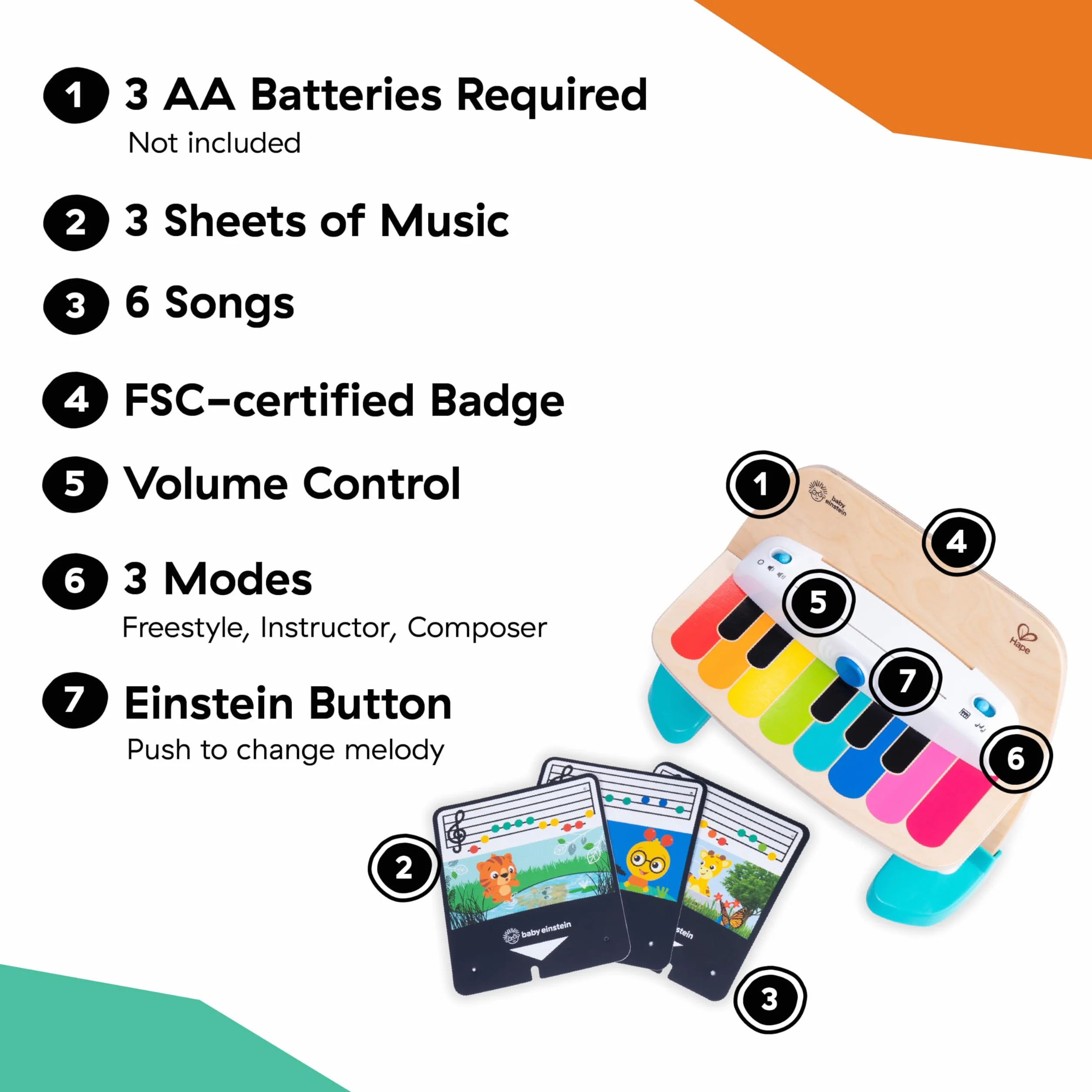 Baby Einstein Hape Magic Touch Piano Wooden Musical Toy Instruments for Toddlers, 2 Play Modes, 6 Songs, Volume Control, Age 6 Months +