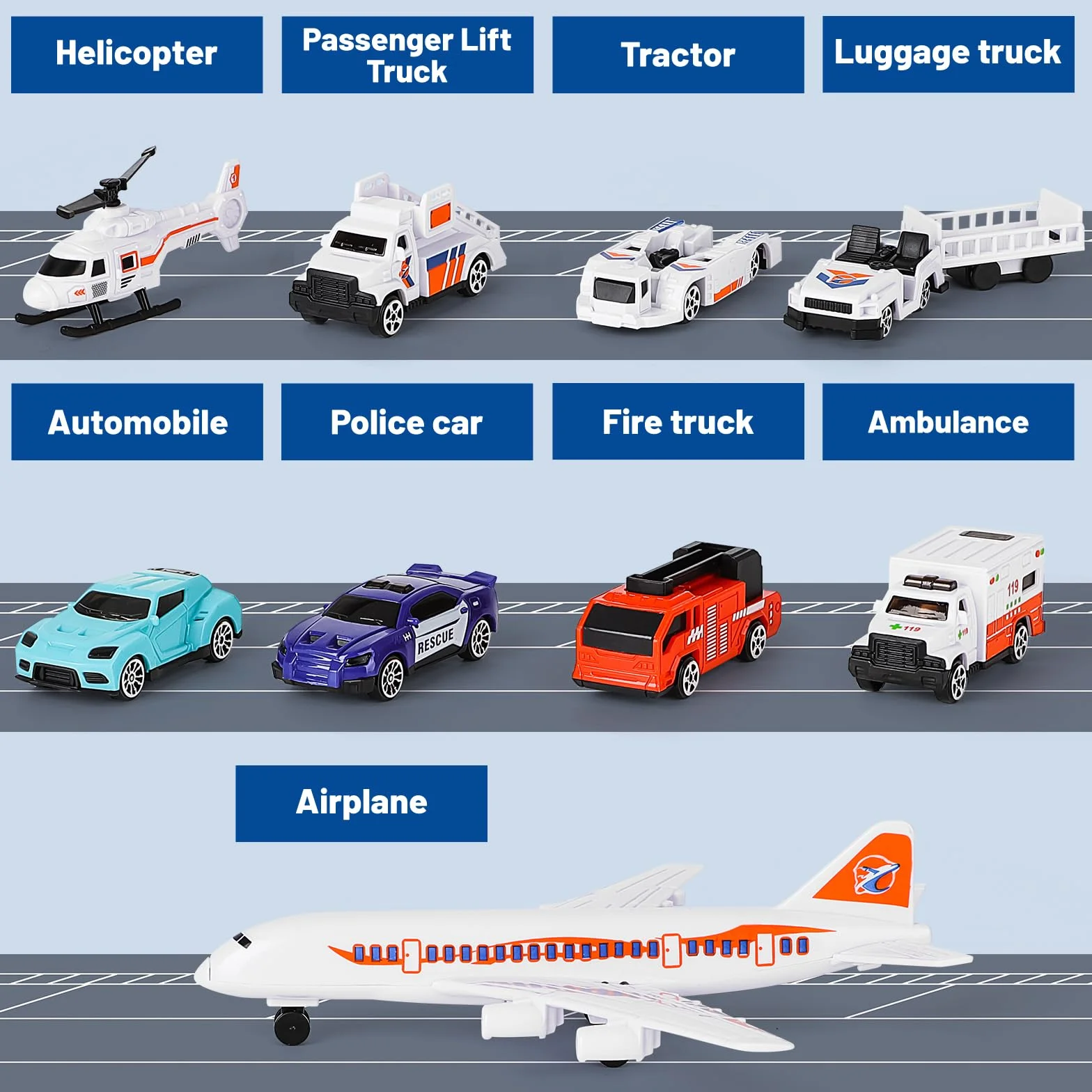 deAO Zestaw zabawkowy Terminal, Wieża Radarowa i 9 Pojazdów: Wózki bagażowe, Policja, Samolot pasażerski, bariera drogowa i personel naziemny. Idealny dla dzieci w wieku od 5 do 12 lat