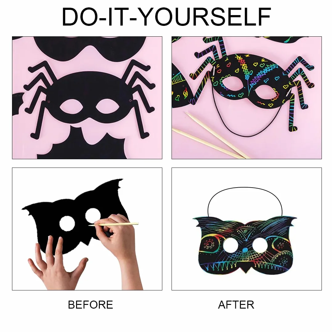 Wishstar 24 sztuki obrazków do zdrapywania na Halloween, maseczki do zdrapywania dla dzieci, maski na Halloween, zestaw do majsterkowania DIY z elastycznymi sznurkami i drewnianymi rylcami, dekoracja
