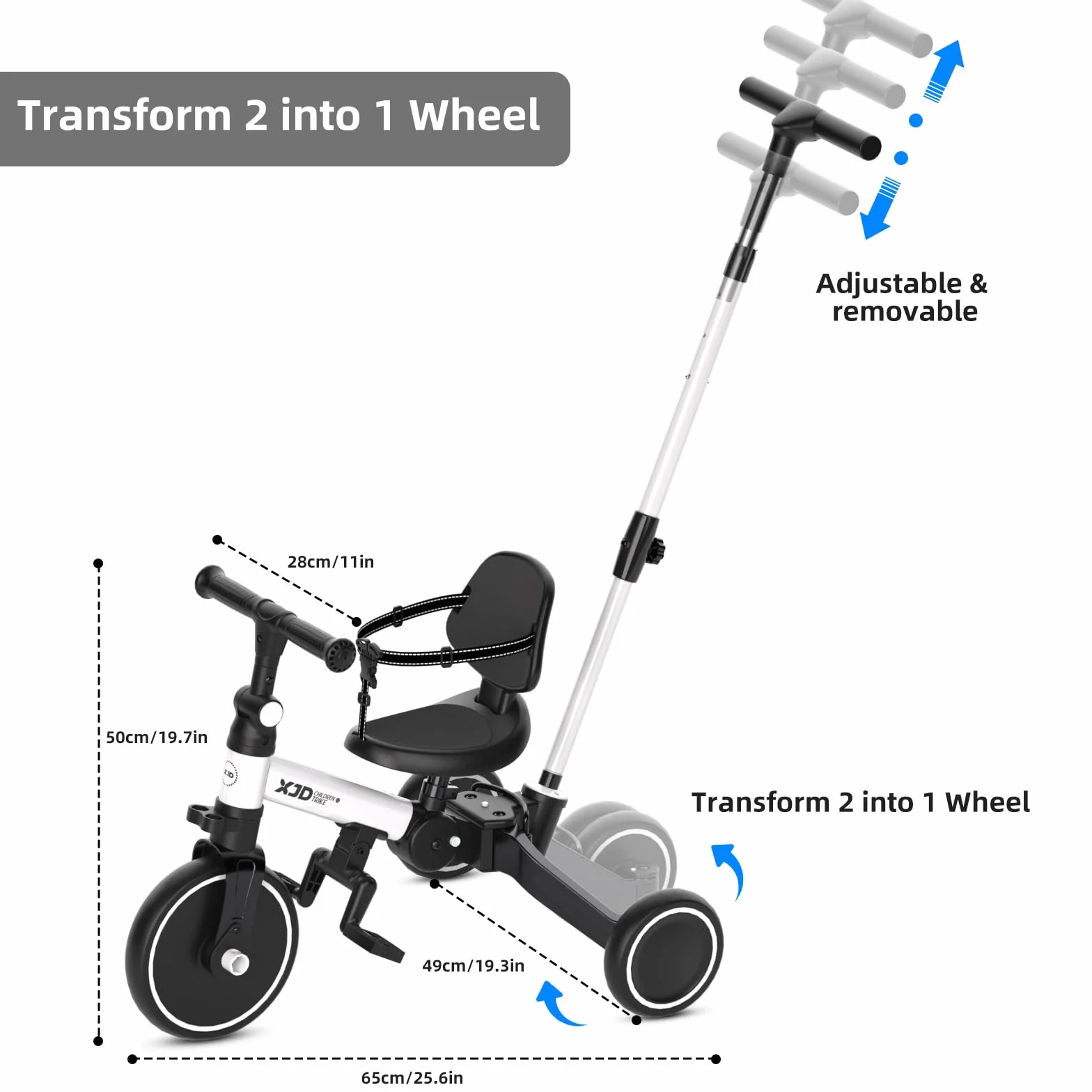 XJD Rower trójkołowy 5 w 1, rower biegowy od 1 roku z drążkiem do pchania dla dzieci od 1-4 lat, rower biegowy ze zdejmowanymi pedałami i regulowanym siedziskiem, rower trójkołowy dla dzieci (biały)