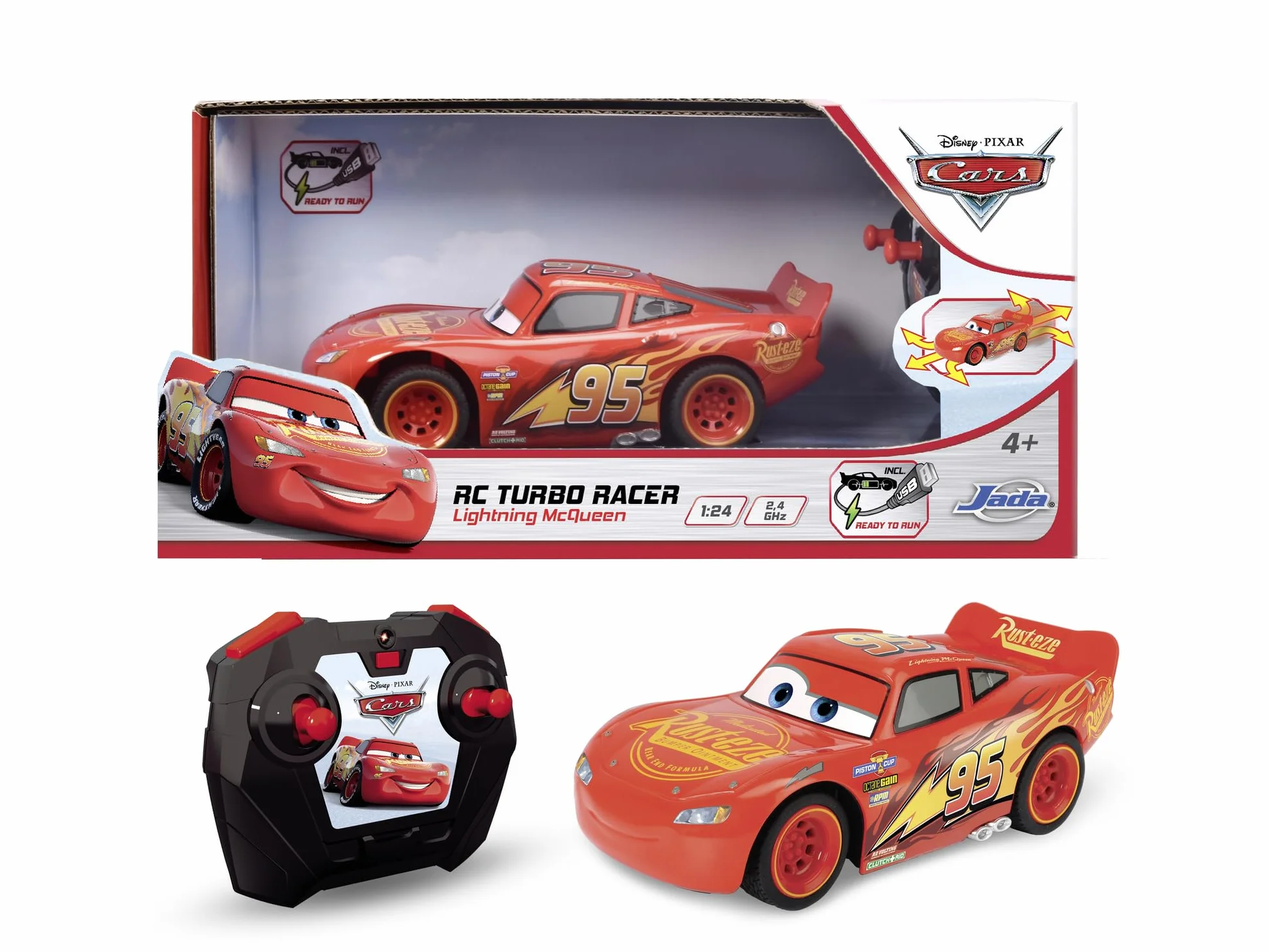 Jada Toys Disney Auta Cars Zygzak McQueen samochód zdalnie sterowany z funkcją turbo, Oficjalny licencjonowany pojazd i 2-kanałowy pilot, funkcja ładowania USB, skala 1:24, 17 cm, dla dzieci od 3 lat