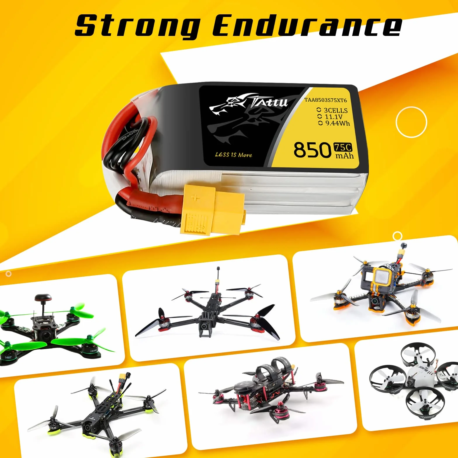 Tattu 3S 850 mAh 11,1 V 75C 3S1P Lipo akumulator z wtyczką XT60 do FPV Racing Quadrocopter 150 180 rozmiar