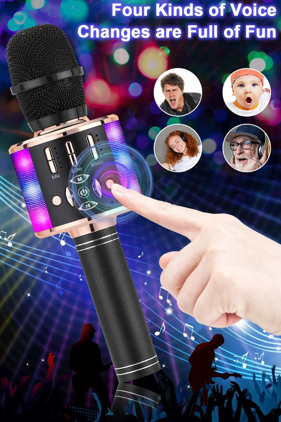Mikrofon dla dzieci bezprzewodowy, magiczny dźwięk karaoke, bezprzewodowy mikrofon 4 w 1, maszyna do karaoke Bluetooth, maszyna do karaoke dla dorosłych, na imprezę, na zewnątrz, w podróż, czarny