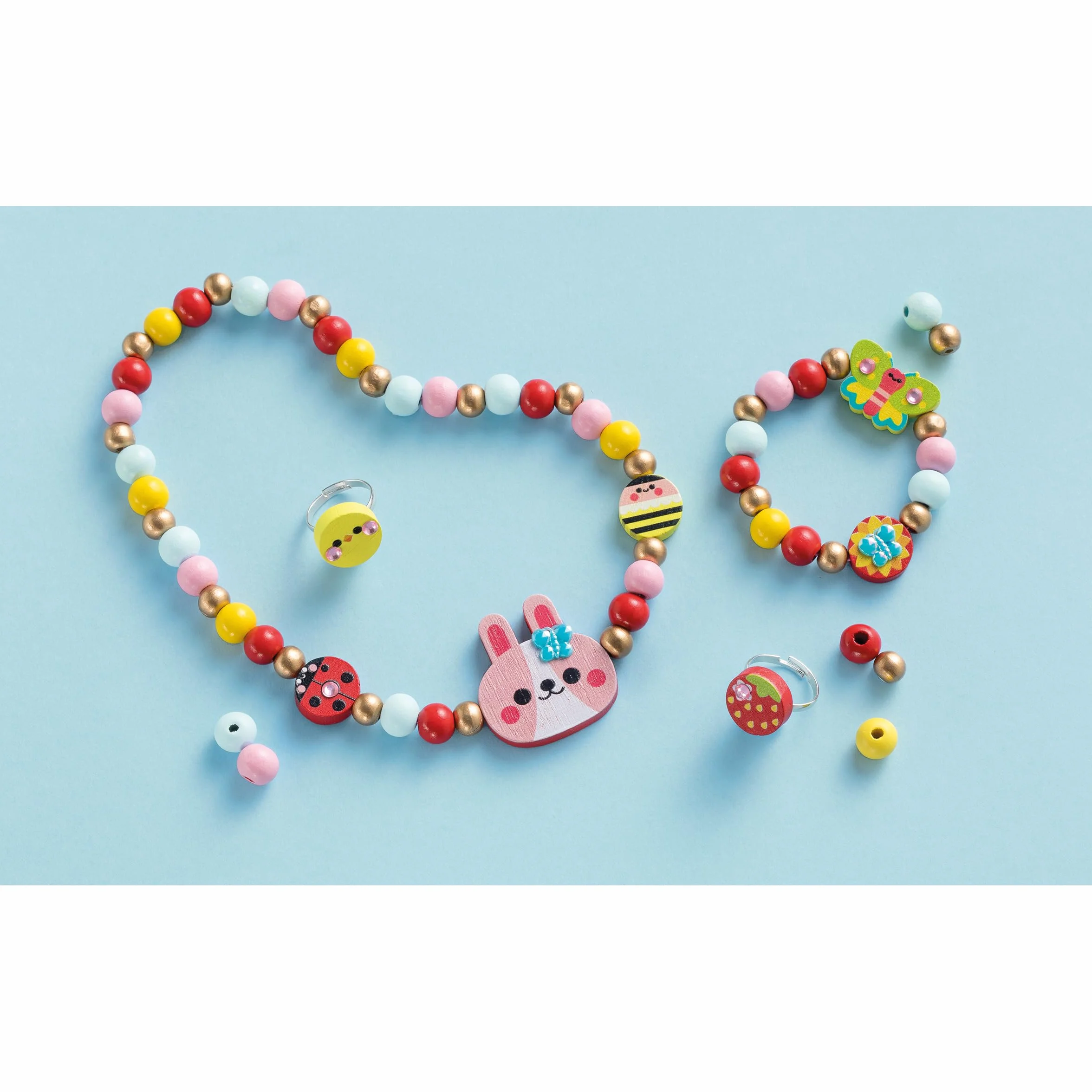 Janod 4 drewniane elementy biżuterii do stworzenia Flower Garden - pierwsze warsztaty jubilerskie - tworzenie biżuterii DIY - zestaw do kreatywnego spędzania wolnego czasu dla dzieci - nauka