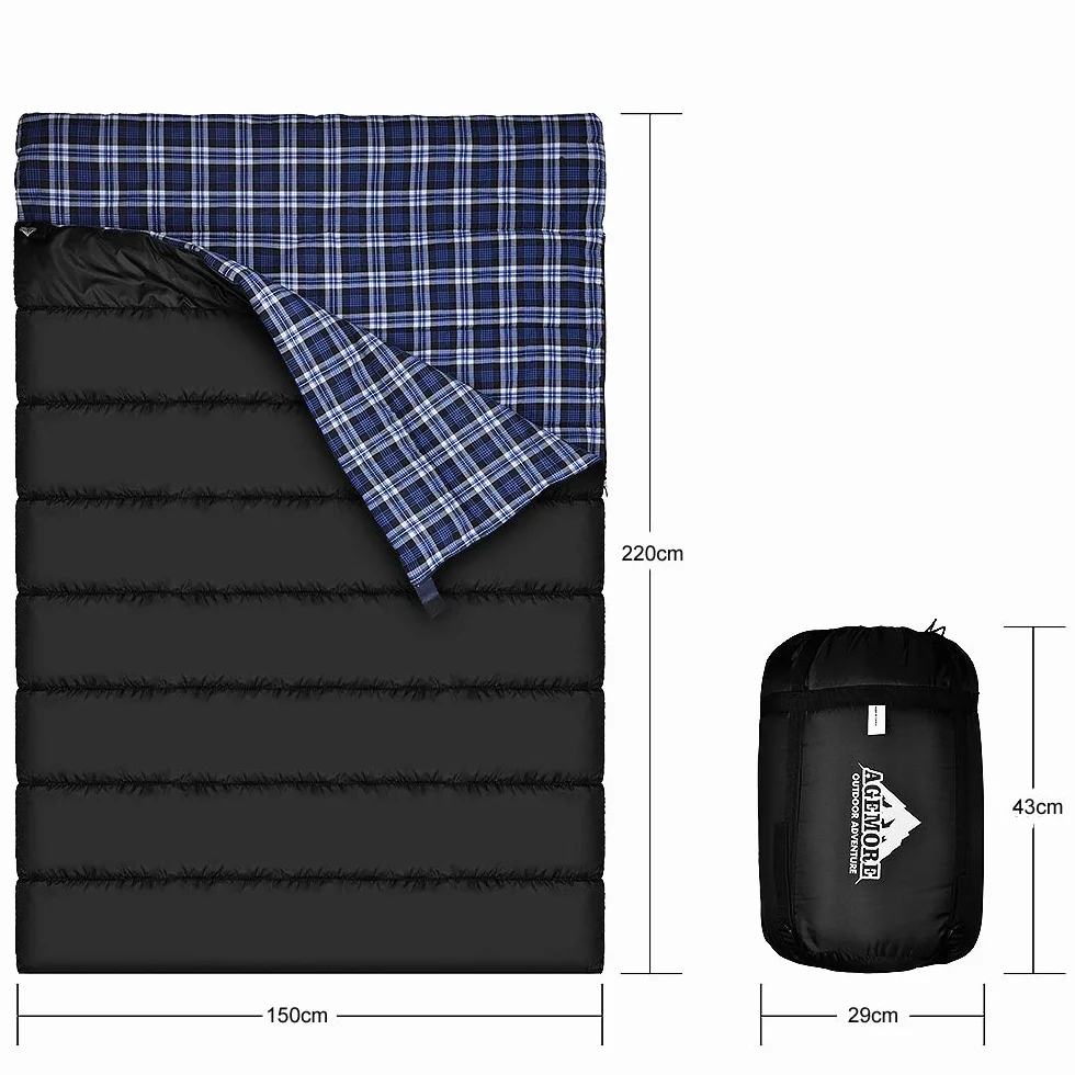 Podwójny śpiwór z flaneli bawełnianej na kemping, wędrówki lub wędrówki. Queen Size 2 osobowy wodoszczelny śpiwór dla dorosłych lub młodzieży. Do samochodów ciężarowych, namiotu lub śpiwora, lekki