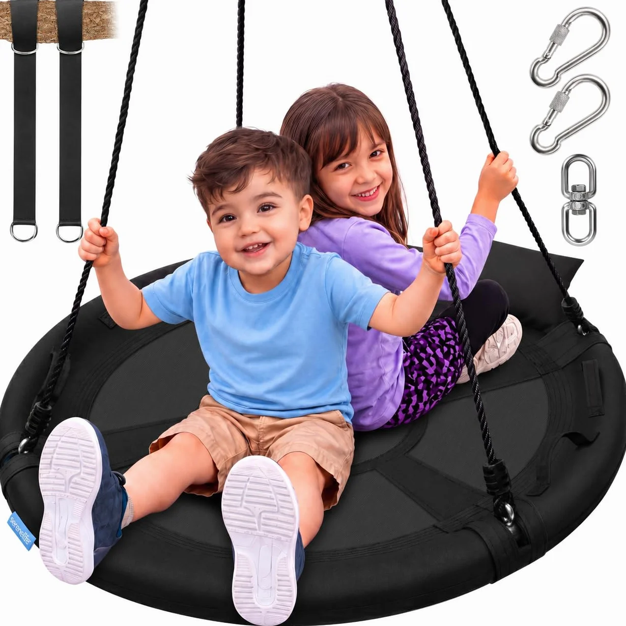 SereneLife 40" Saucer Swing - Outdoor Swing Set with Universal Hanging Kit, Swinging Seat Spinner with Pillow & Carry Bag, Weatherproof, Water-Resistant, Supports Up to 700 lbs, Black