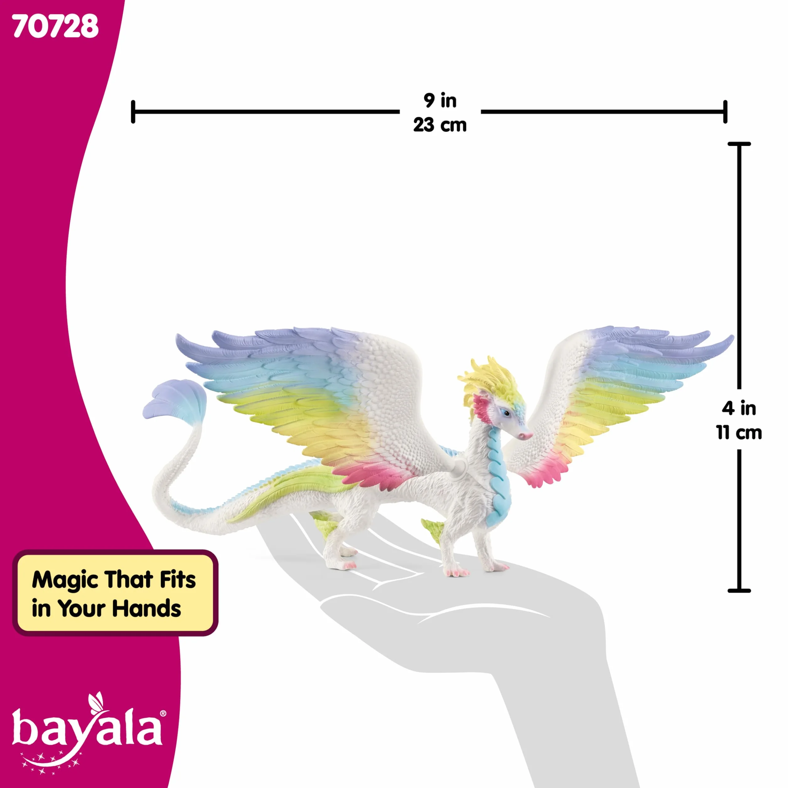 schleich BAYALA | Smok Tęczowy 70728 | Szczegółowa figurka z ruchomymi, kolorowymi skrzydłami | Dekoracja i figurka kolekcjonerska | Prezent dla dzieci | Zabawka od 5 lat | 34 x 23 x 11 cm