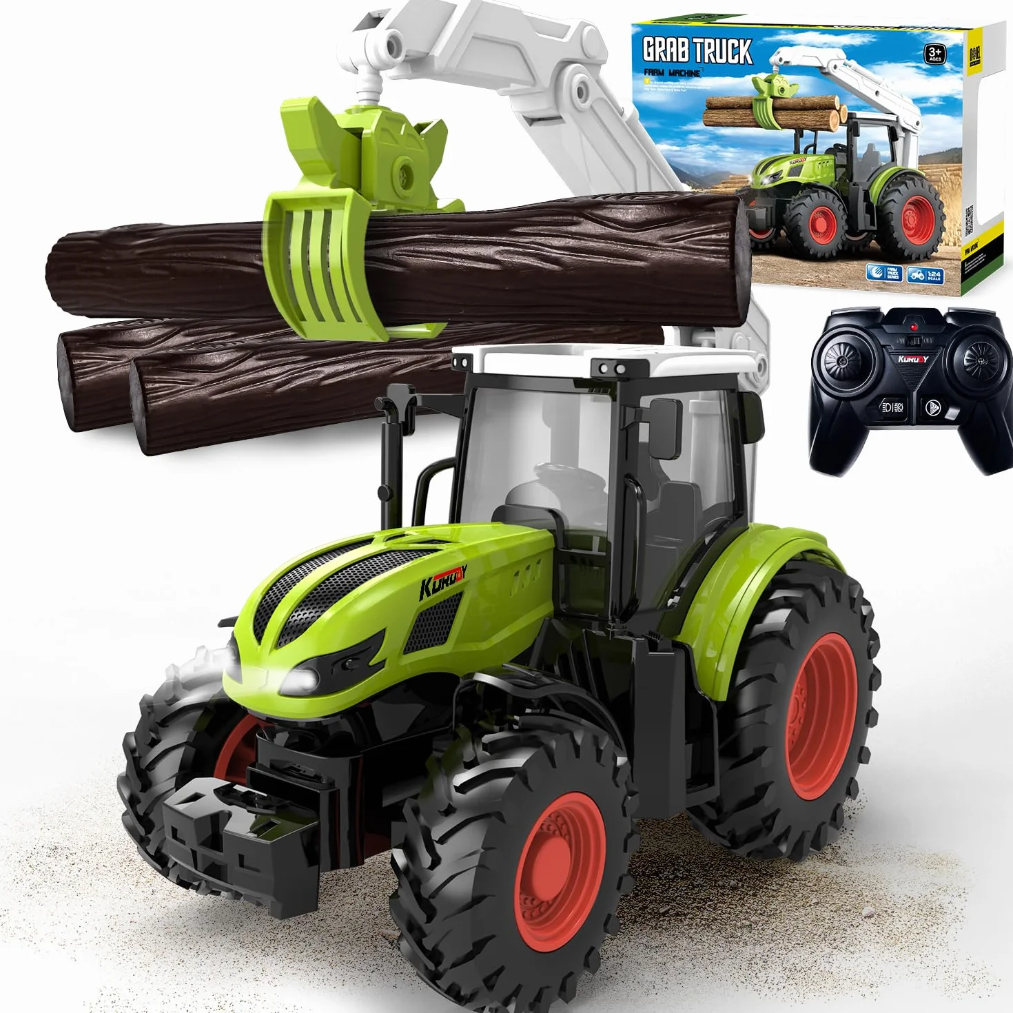 Zabawka traktorowa, zdalnie sterowany traktor, zdalnie sterowany traktor, dla dzieci od 3, 4, 5, 6 lat, zabawka dla dzieci, zielona zabawka ze światłem, drewniany chwytak i 3 pnie drzew, zdalnie