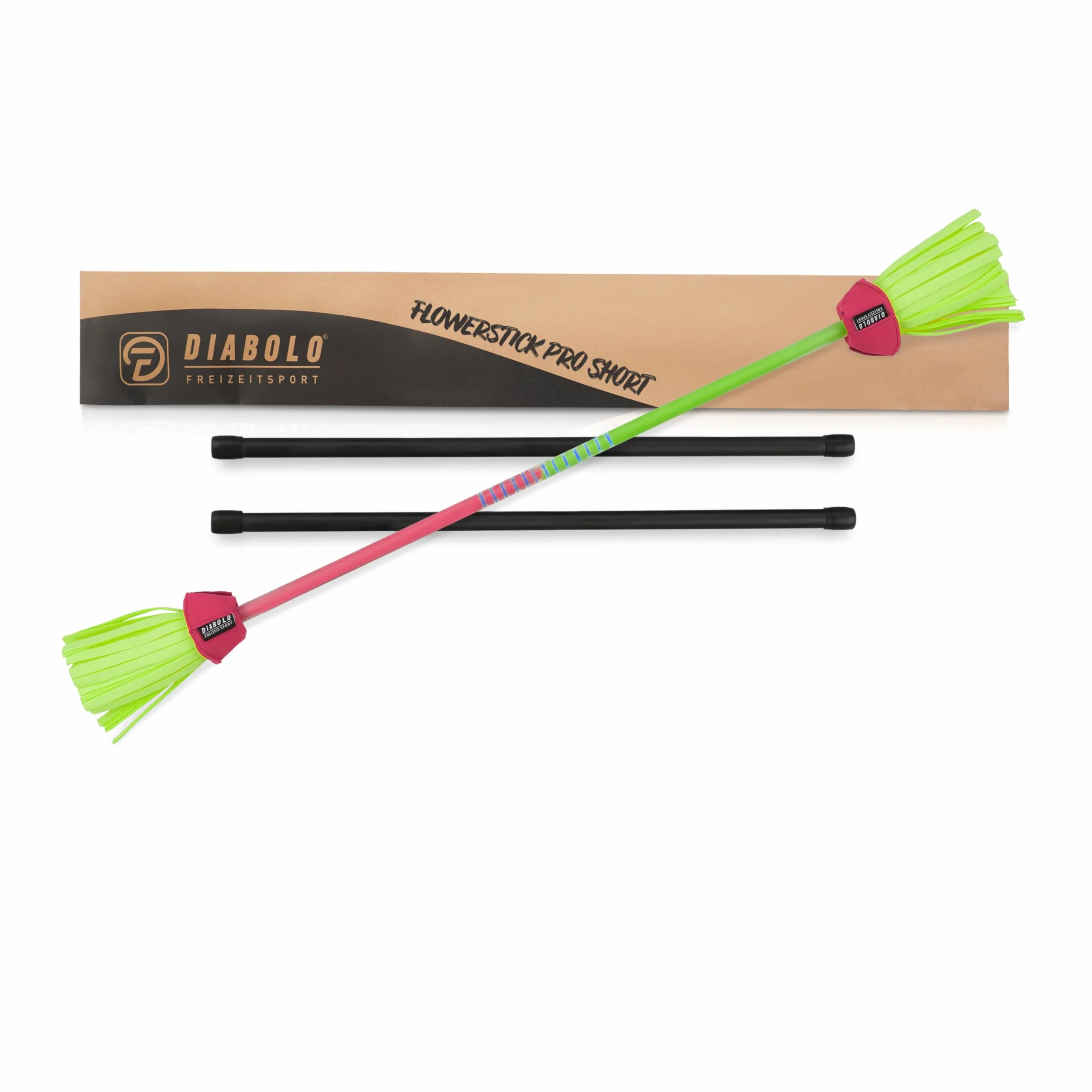 Diabolo Freizeitsport Flowerstick Pro Short (zielono-różowy) – krótki kij kwiatowy z włókna szklanego, w zestawie 2 pałeczki, reaktywne UV, ręcznie malowane, przyciąga wzrok, idealny dla