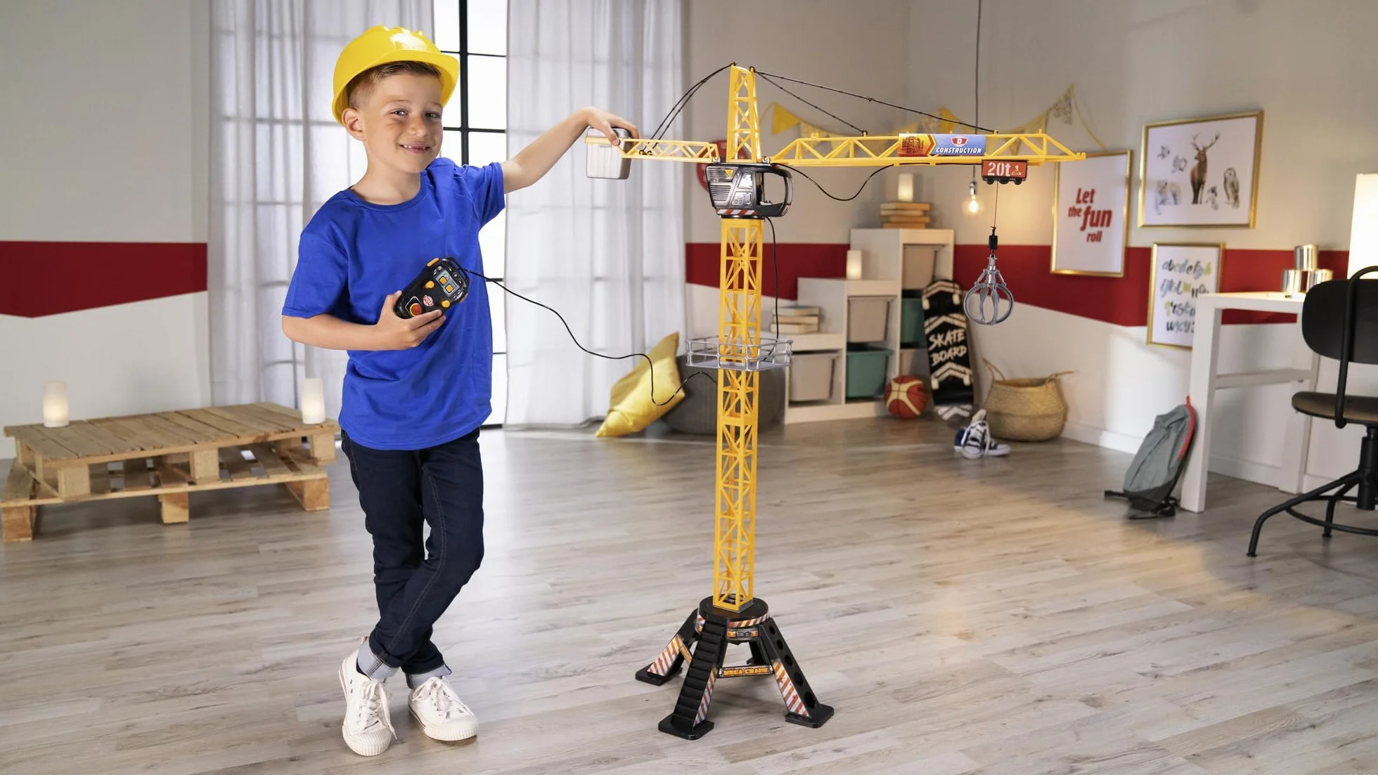Dickie Toys 201139012 Mega Crane Sterowany Dźwig elektryczny 120 cm, obrotowa kabina o 360°, ramię z chwytakiem, platforma załadowcza, żuraw do zabawy wewnątrz i na zewnąrz dla dzieci od 3 lat