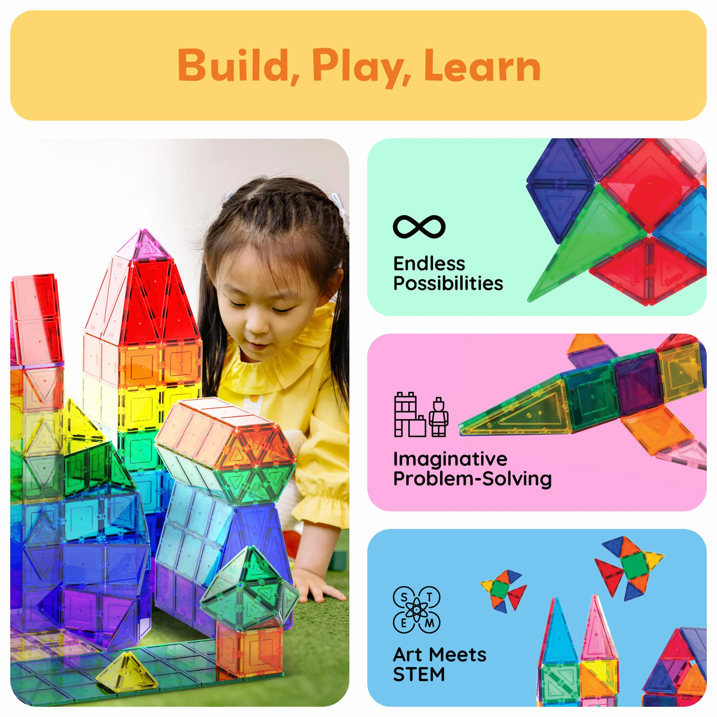 PicassoTiles Magnetic Tiles 60pcs Kids Toys Classroom Sensory Toy for Toddlers STEM Learning Building Blocks, Montessori Pretend Play Magnet Tile Construction Stacking Block Boys Girls Ages 3+ PT60