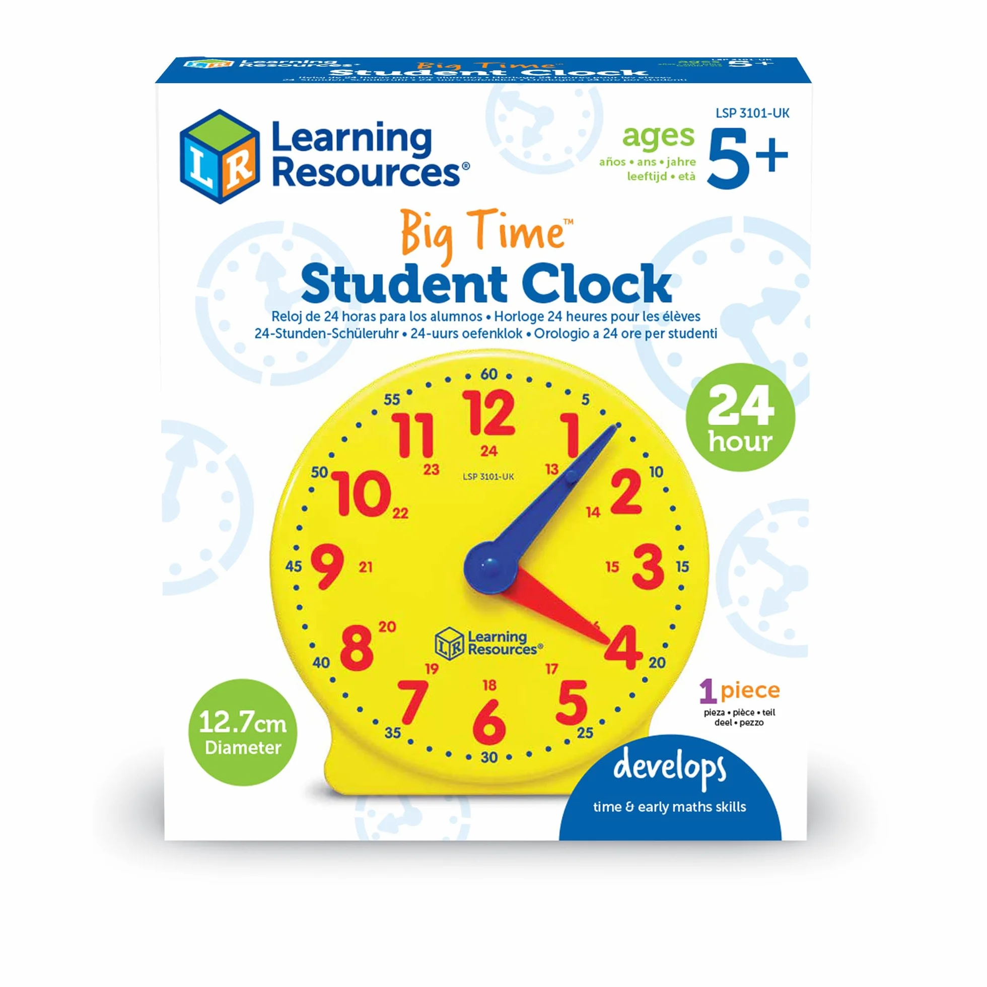 Learning Resources LSP3101-UK duży 24-godzinny student, manipulacje matematyczne do mówienia czasu, zegar analogowy do nauki dzieci, jeden rozmiar