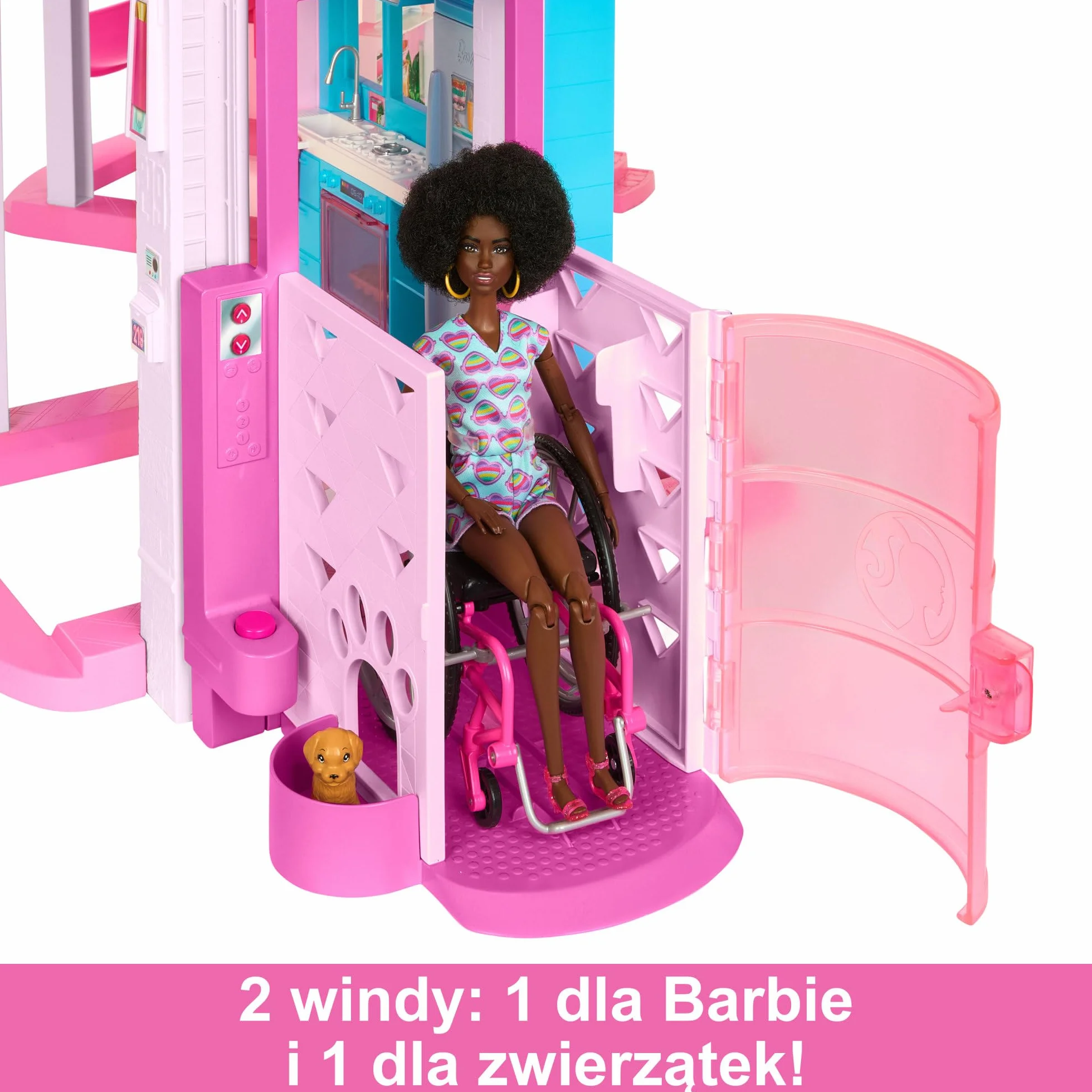 Barbie Dreamhouse Dom Marzeń Domek dla lalek ze zjeżdżalnią sięgającą górnego poziomu, windą i miejscem do zabawy dla zwierzątek oraz ponad 75 akcesoriami, HMX10