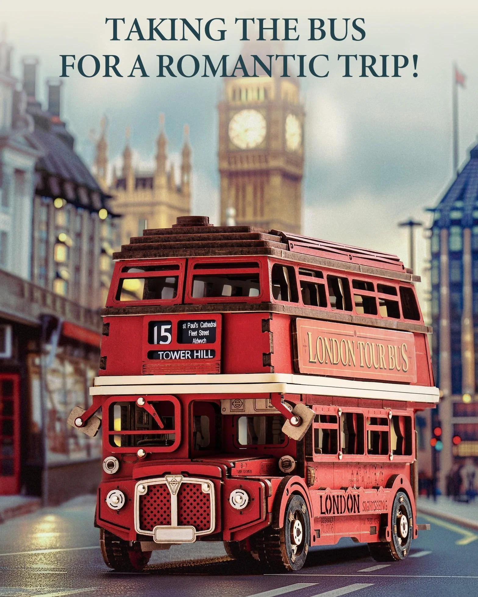 ROWOOD Drewniane puzzle 3D London Tourbus, kreatywny zestaw modelarski dla dorosłych do budowania