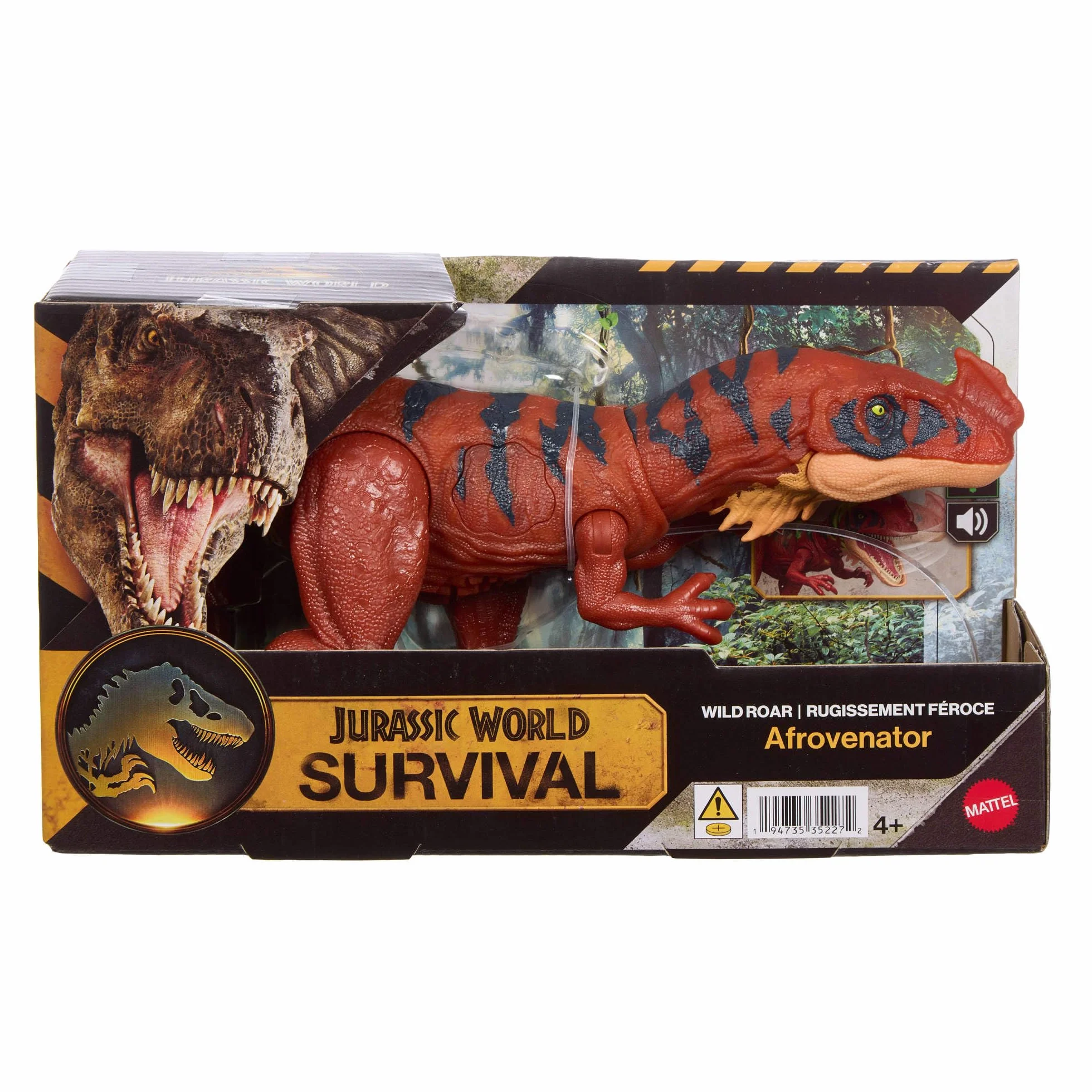 Mattel Jurassic World Afrowenator Ryczący dinozaur Figurka dinozaura, wielokierunkowy atak paszczą i dźwięk, zabawka interaktywna do ustawiania w różnych pozach, dinozaur zabawka dla dzieci 4+, JKL76