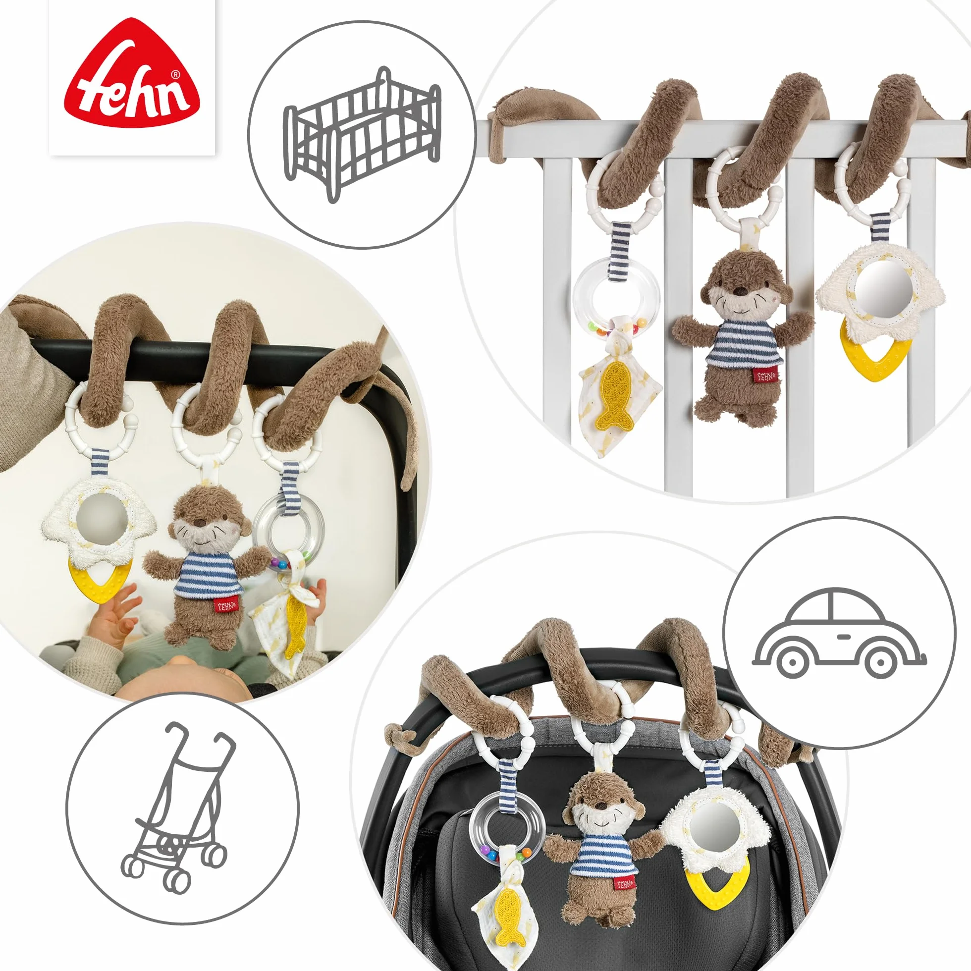 Fehn Spirala Activity Otter – spirala z materiału z funkcjami uczenia się do chwytania, odczuwania, zabawy – wspomaga chwytanie, zmysł dotyku i motorykę – do domu i w podróży, dla niemowląt od, Wydra