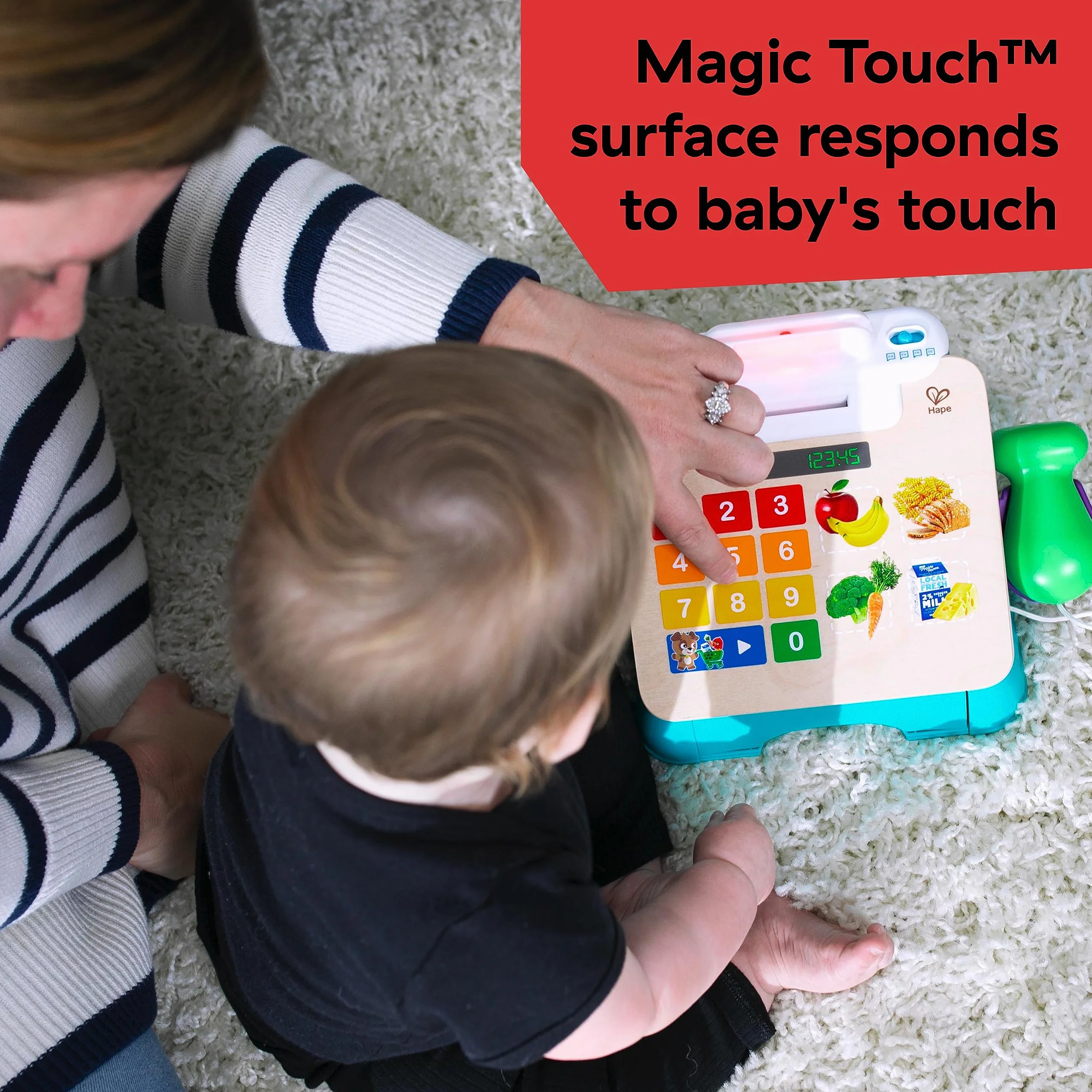 Baby Einstein + Hape Magic Touch Cash Register Pretend to Check Out Toy, z prawdziwymi dźwiękami i muzyką, dla dzieci w wieku od 9 miesięcy