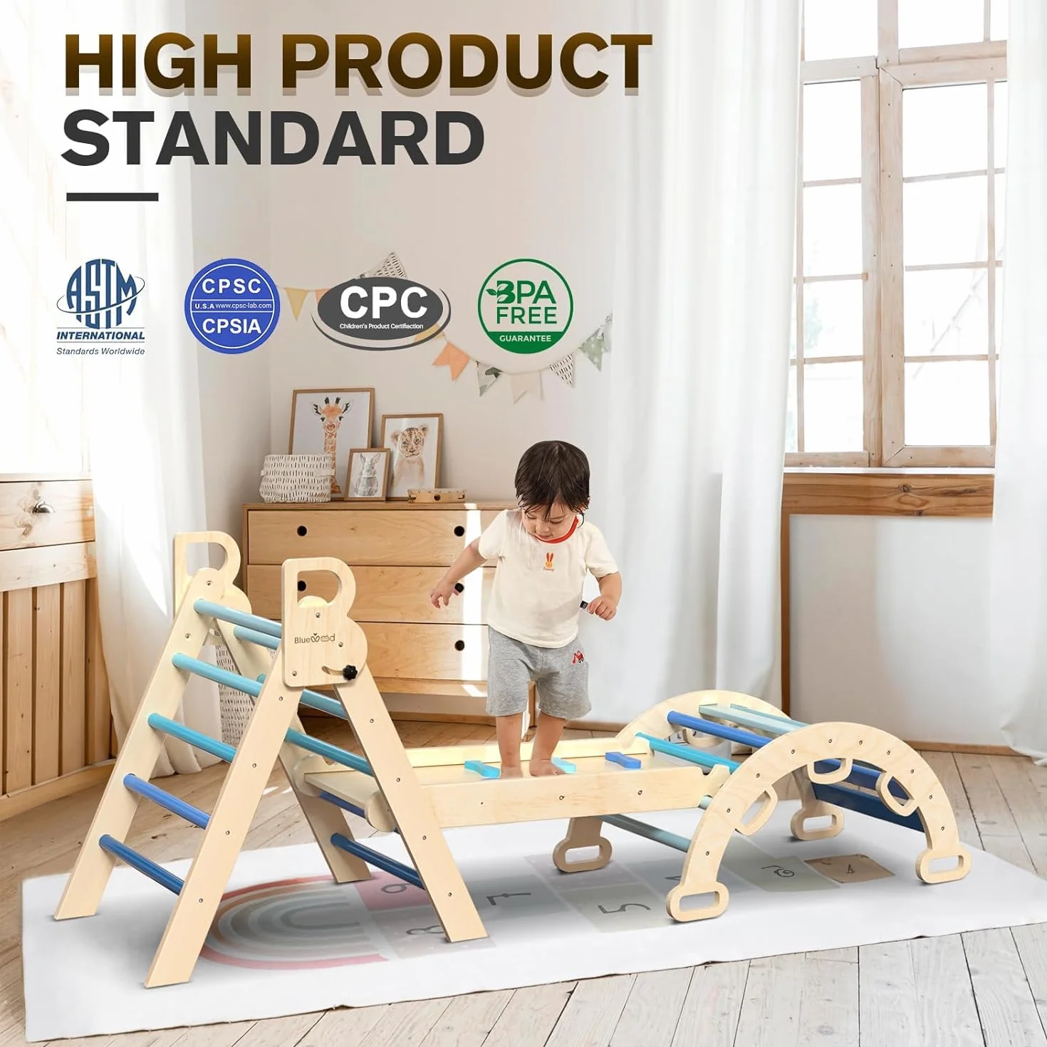BlueWood Zabawki wspinaczkowe Trójkąt wspinaczkowy, 4 w 1, trójkątna drabina wspinaczkowa z rampą przesuwną i łukiem, zabawka do wspinaczki Montessori dla małych dzieci