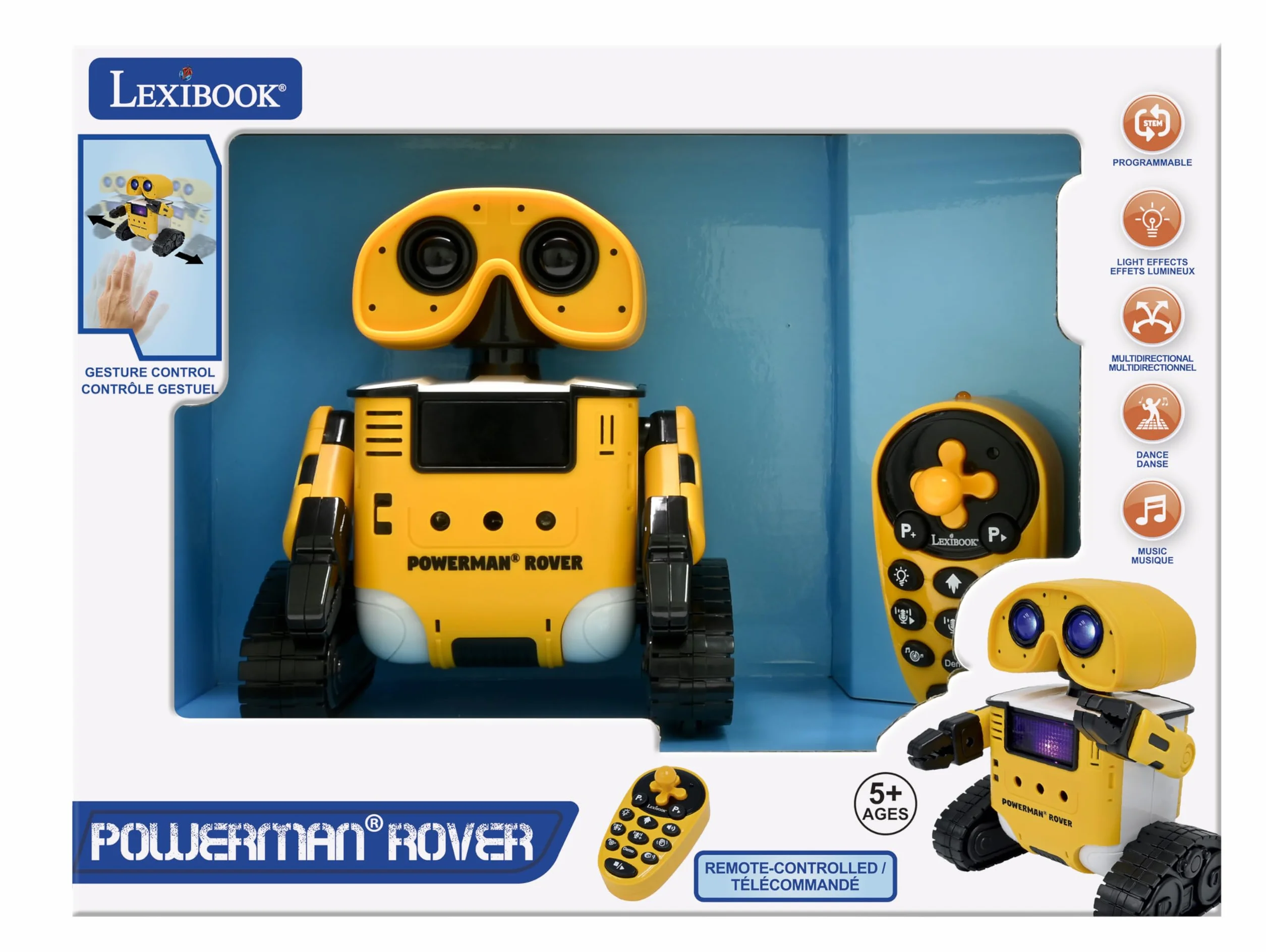 Lexibook ROB14 Powerman Rover, Twój Towarzysz Robota, Pilot Zdalnego Sterowania i Gestami, Odtwarza Muzykę i Tańce, Powtarza się po Tobie, Efekty Świetlne i Dźwiękowe, Programowalny Stem, Żółty