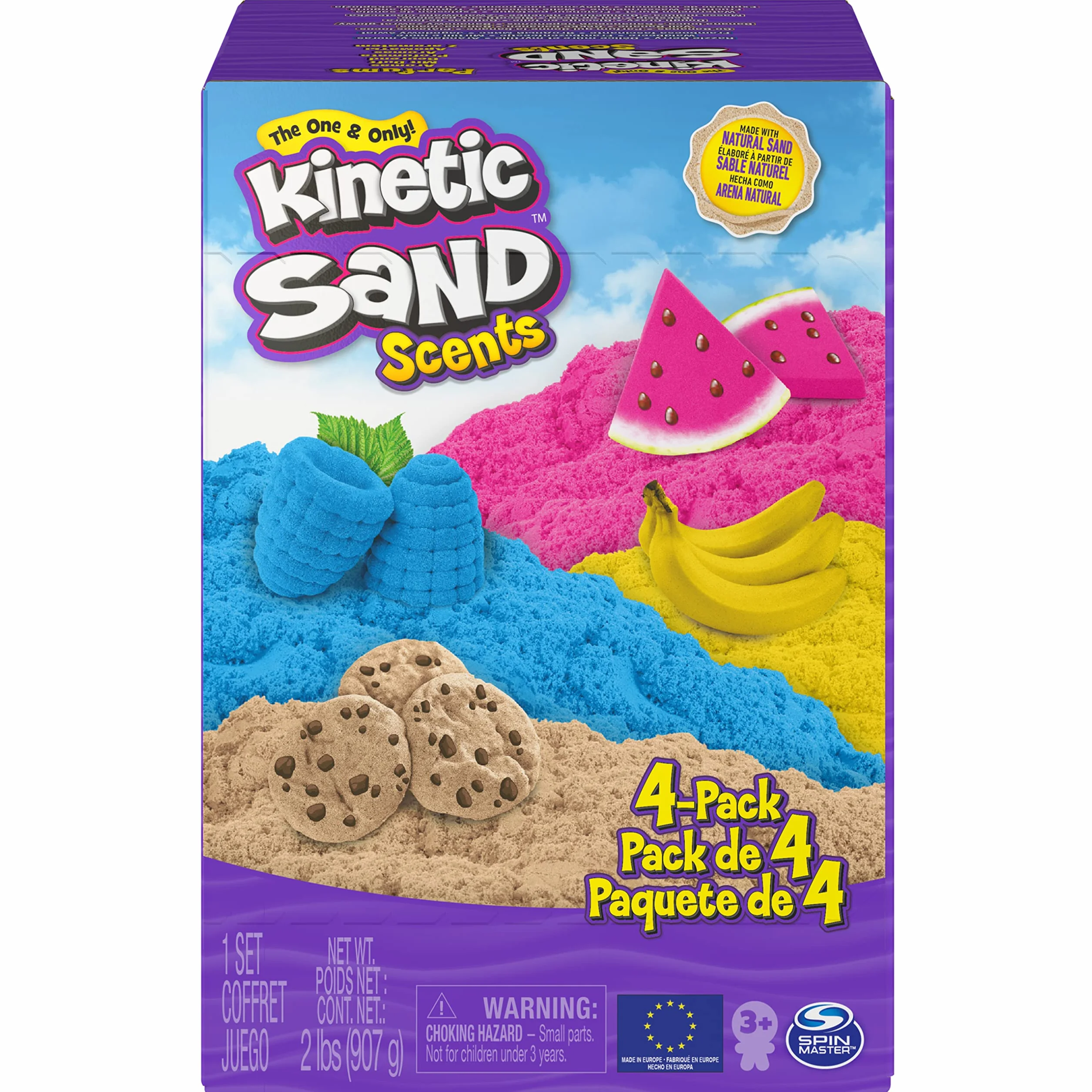 Kinetic Sand 6060010 - Smakowite Zapachy, Piasek Kinetyczny O Zapachu Ciasteczkowym, Bananowym, Arbuzowym I Jagodowym, 4-Pak
