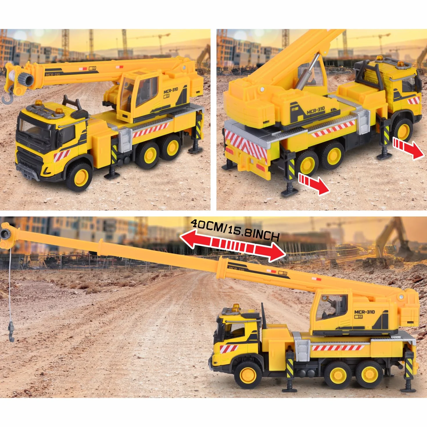 Majorette Wózek dźwigowy Volvo FMX Truck Crane (22 cm) – duży pojazd budowlany z wysuwanym ramieniem dźwigowym, wciągarką linową, wolnym biegiem i gumowymi oponami, zabawka dla dzieci od 3 lat