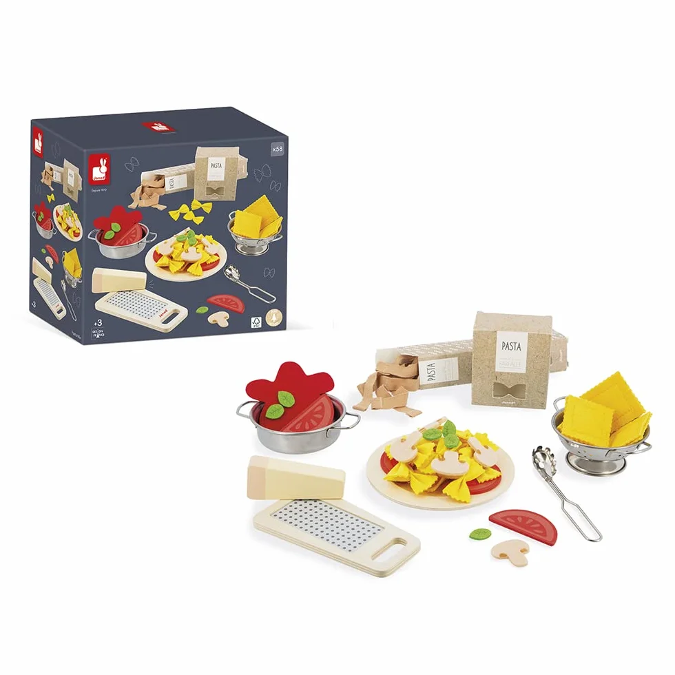 Janod - Pasta Mix - Zestaw Makaronów - Imitacja Gotowanie i Dinette - 58 elementów w zestawie z drewna, kartonu i filcu - Certyfikat FSC - Farba na bazie wody - Od 3 lat, J06598