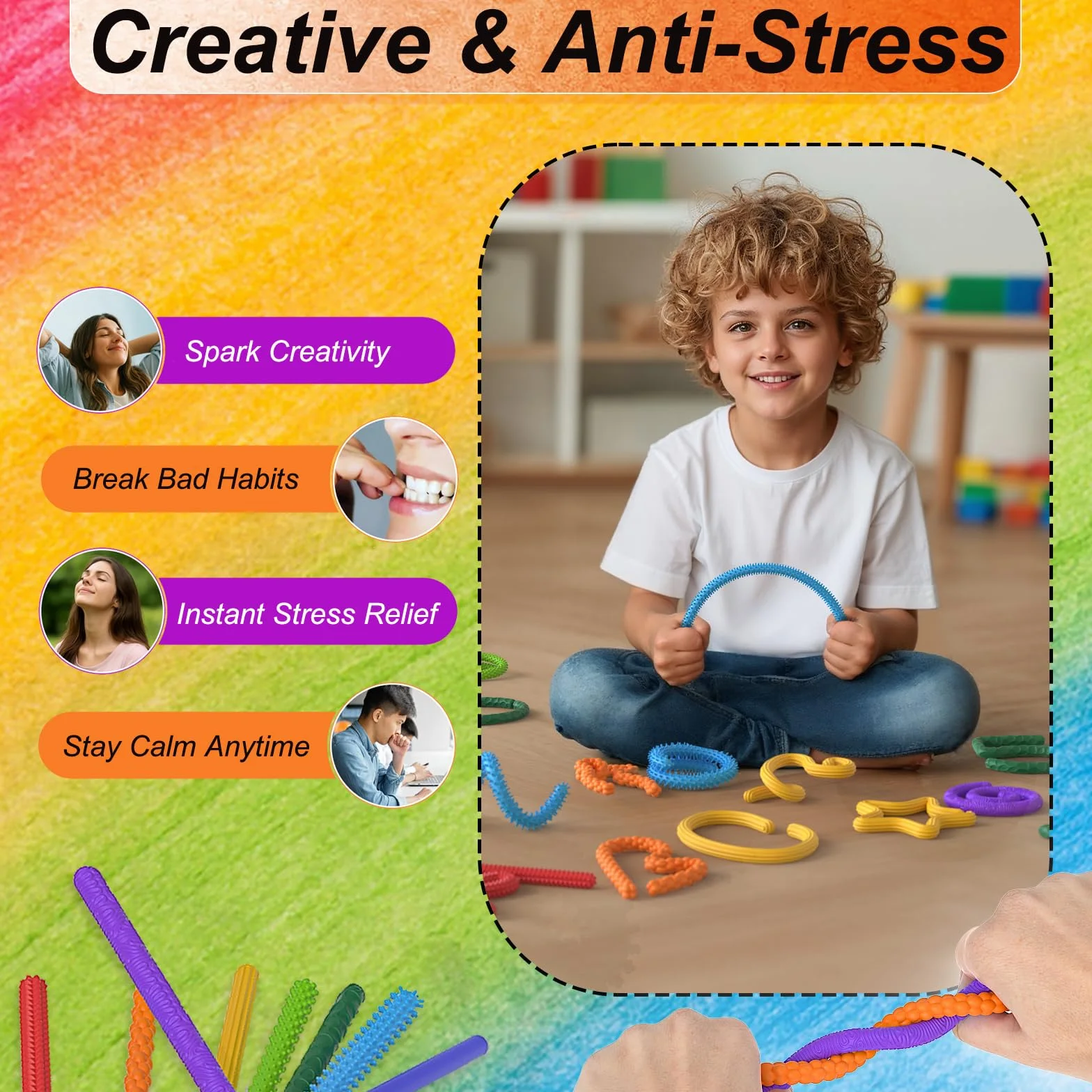 Fidget Toys 8 sztuk – teksturowany silikon Fidget sensoryczny Stick zabawka dla dzieci i dorosłych, zabawka łagodząca stres, prezent dla osób z autyzmem i ADHD