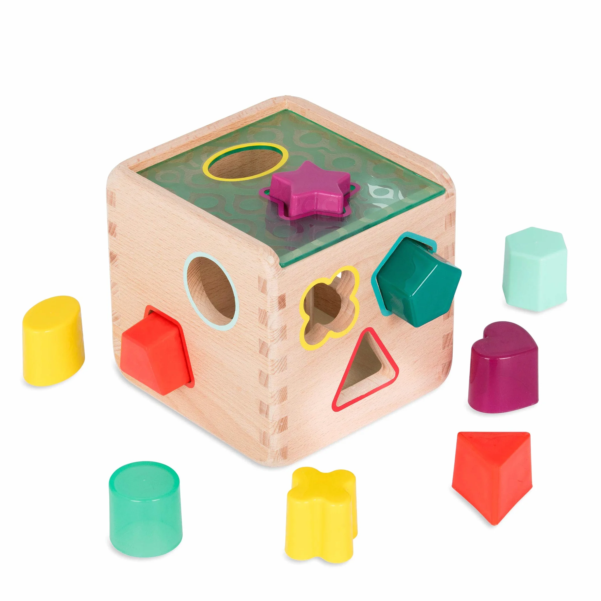 B. Toys by Battat BX1763Z Wonder Sortowanie Zabawka - Drewniany sorter kształtów Kostka aktywności dla małych dzieci