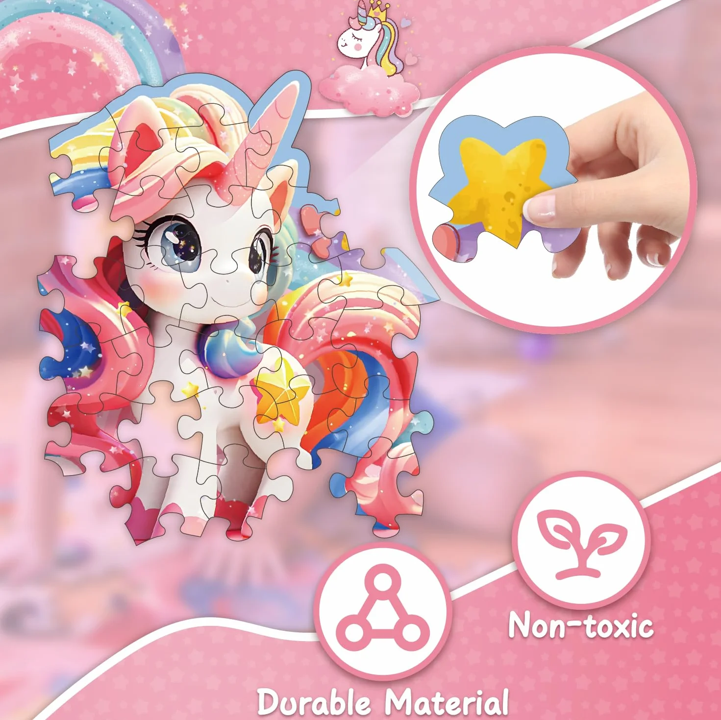 Kiztoys Puzzle podłogowe Jednorożec dla dziewczyn - 45 sztuk uroczych różowych puzzli jednorożca, prezenty z jednorożcem dla dzieci w wieku 3-8 lat