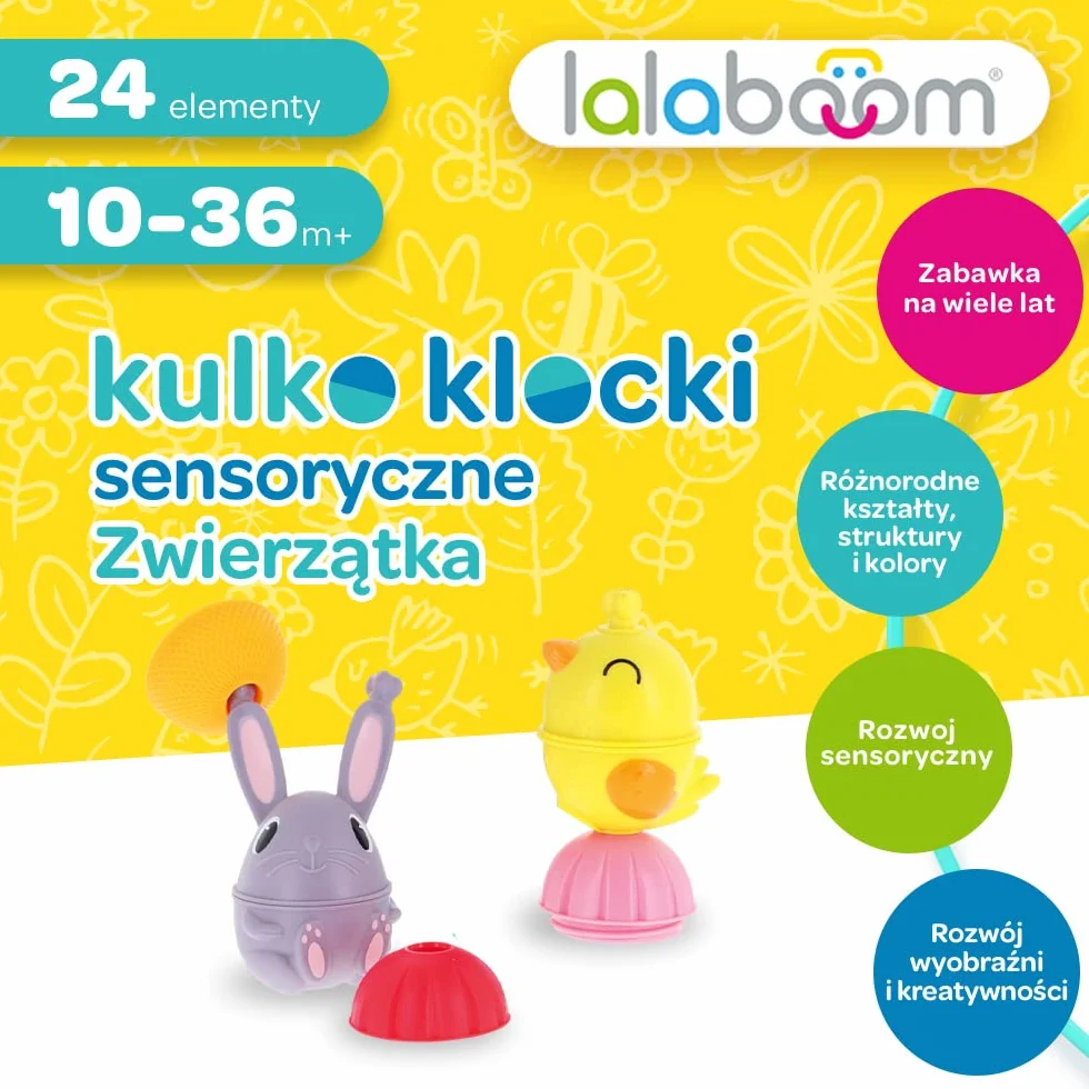 Trefl, Lalaboom - Kulko-klocki Sensoryczne, Zwierzątka - Zestaw 24 Elementów, Zabawka 4w1, Klocki dla Maluchów, Rozwój Motoryczny, Bezpieczna Zabawka Edukacyjna dla Dzieci od 10 miesięcy