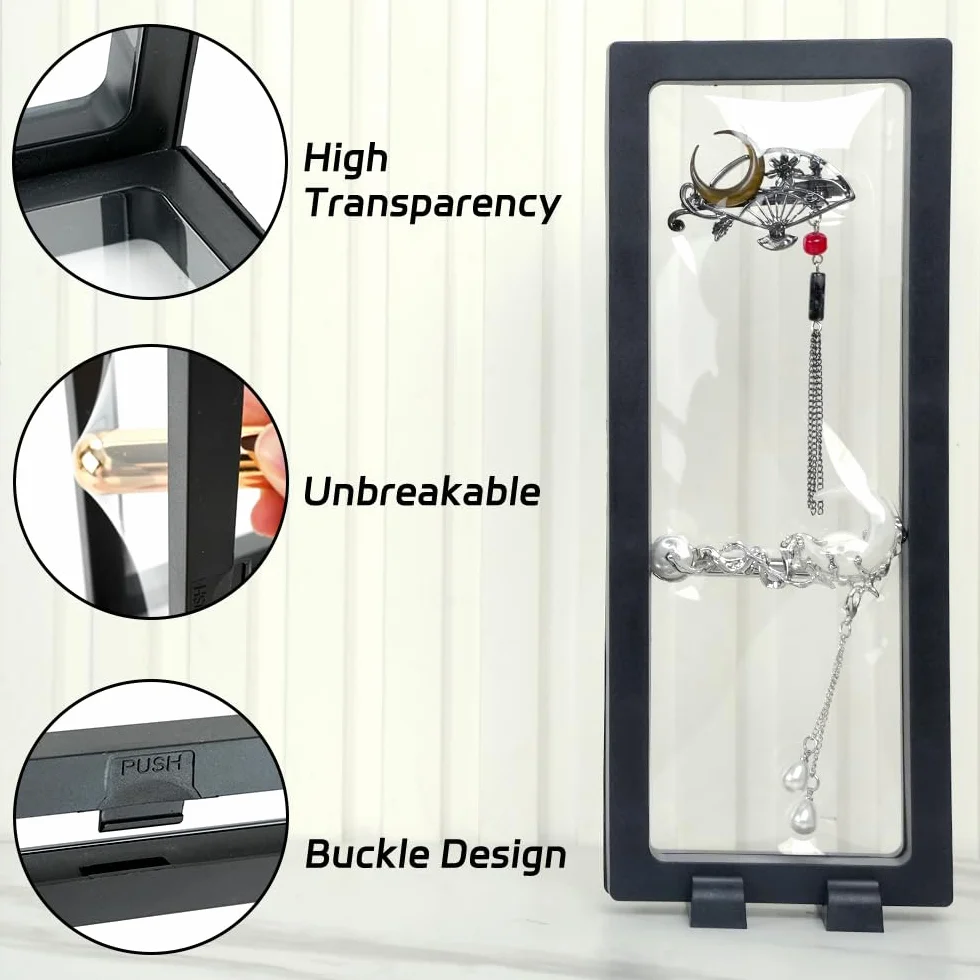 5 szt. przezroczystych 3D pływających etui z 10 uchwytami – czarna ramka na monety na medale AA, biżuterię, muszle, skamieniałości (230 x 90 x 20 mm)