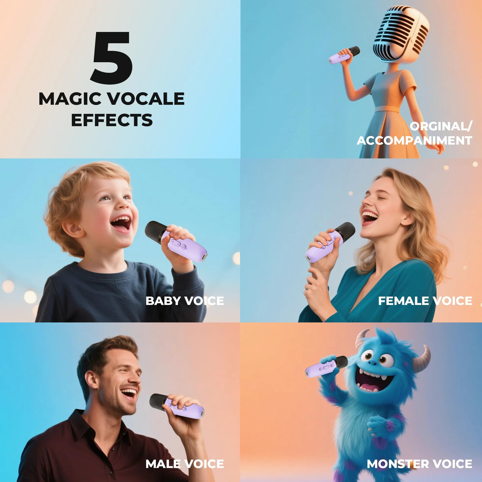 Ankuka urządzenie do karaoke z 1 mikrofonem bezprzewodowym dla dzieci, przenośny zestaw Bluetooth KTV, głośnik z efektami zmiany głosu i diodami LED, dla chłopców i dziewczynek, prezent na imprezę