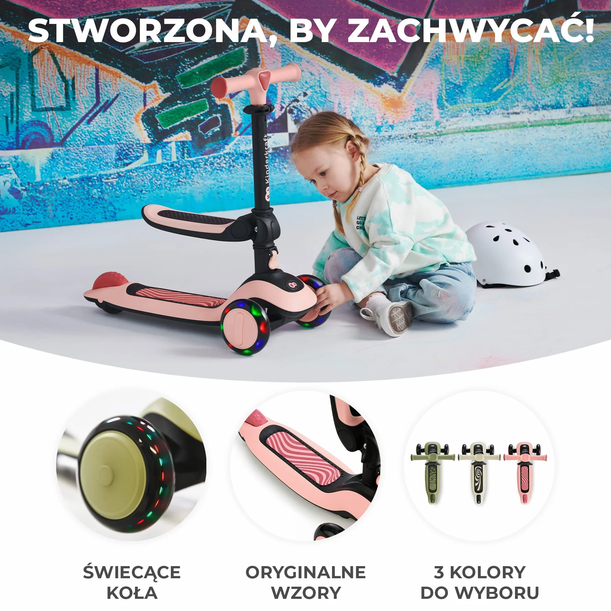 Kinderkraft HALLEY Hulajnoga dziecięca od 1 roku do 13 lat, 3 koła ze światełkami LED, Hulajnoga z siedziskiem, Funkcja rowerka biegowego, Regulowana wysokość, Obciążenie do 50 kg, Różowa