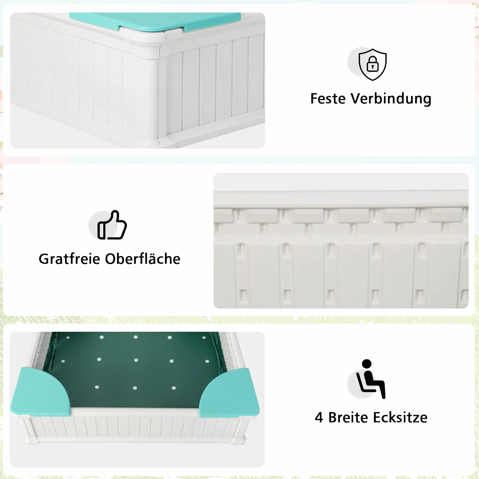 COSTWAY Piaskownica dziecięca z drewna 123,5 x 123,5 x 31,5 cm z 4 siedzeniami kwadratowa HDPE do ogrodu biała