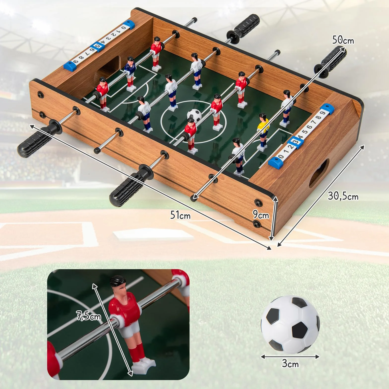 COSTWAY Mini Piłkarzyki dla 2 Graczy, Stół do Gry z Drewna, Wytrzymały Uchwyt, 2 Piłki i Tablica Wyników, dla Dorosłych i Dzieci, 51 x 30,5 x 9 cm