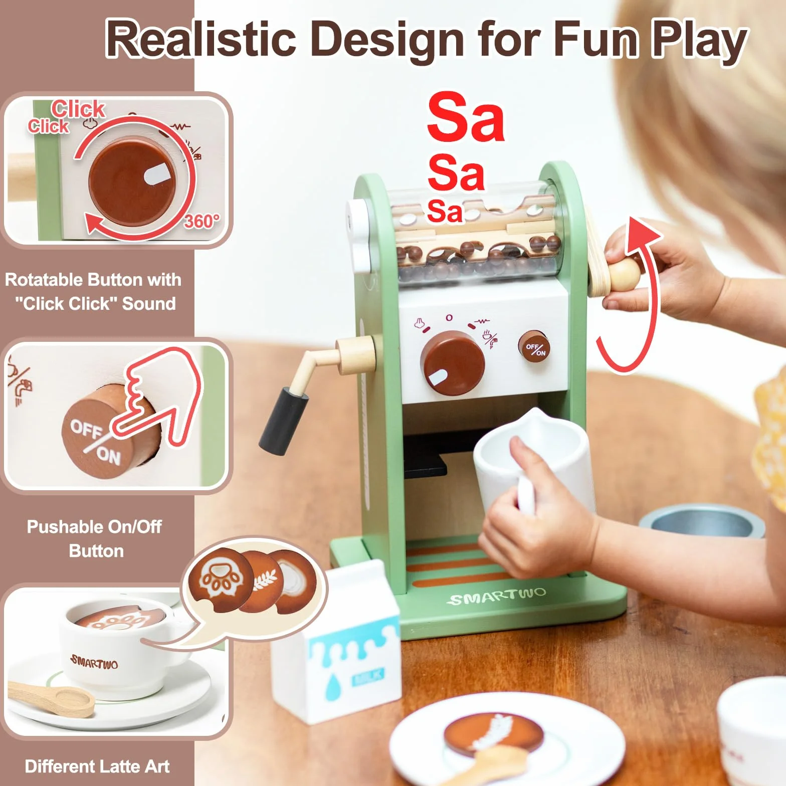 Drewniany ekspres do kawy dla dzieci, kuchnia dla dzieci, ekspres do kawy z młynkiem, akcesoria kuchenne do zabawy, ekspres do espresso, zestaw zabawek drewnianych, akcesoria kuchenne
