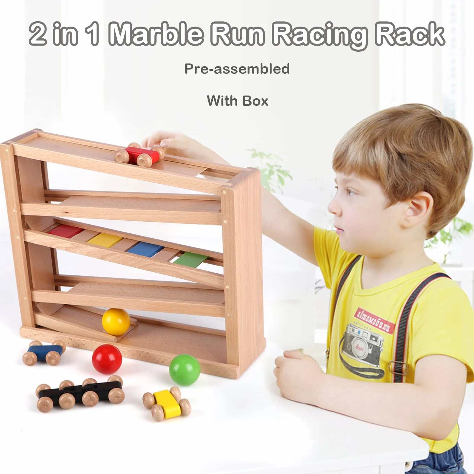 Jacootoys Drewniany samochód Rampa Marmur Run Gra Racing Track 5 Warstwy Racer Zestaw zabawek 4 Samochody 3 Piłki Prezent dla Dzieci Chłopcy Dziewczyny