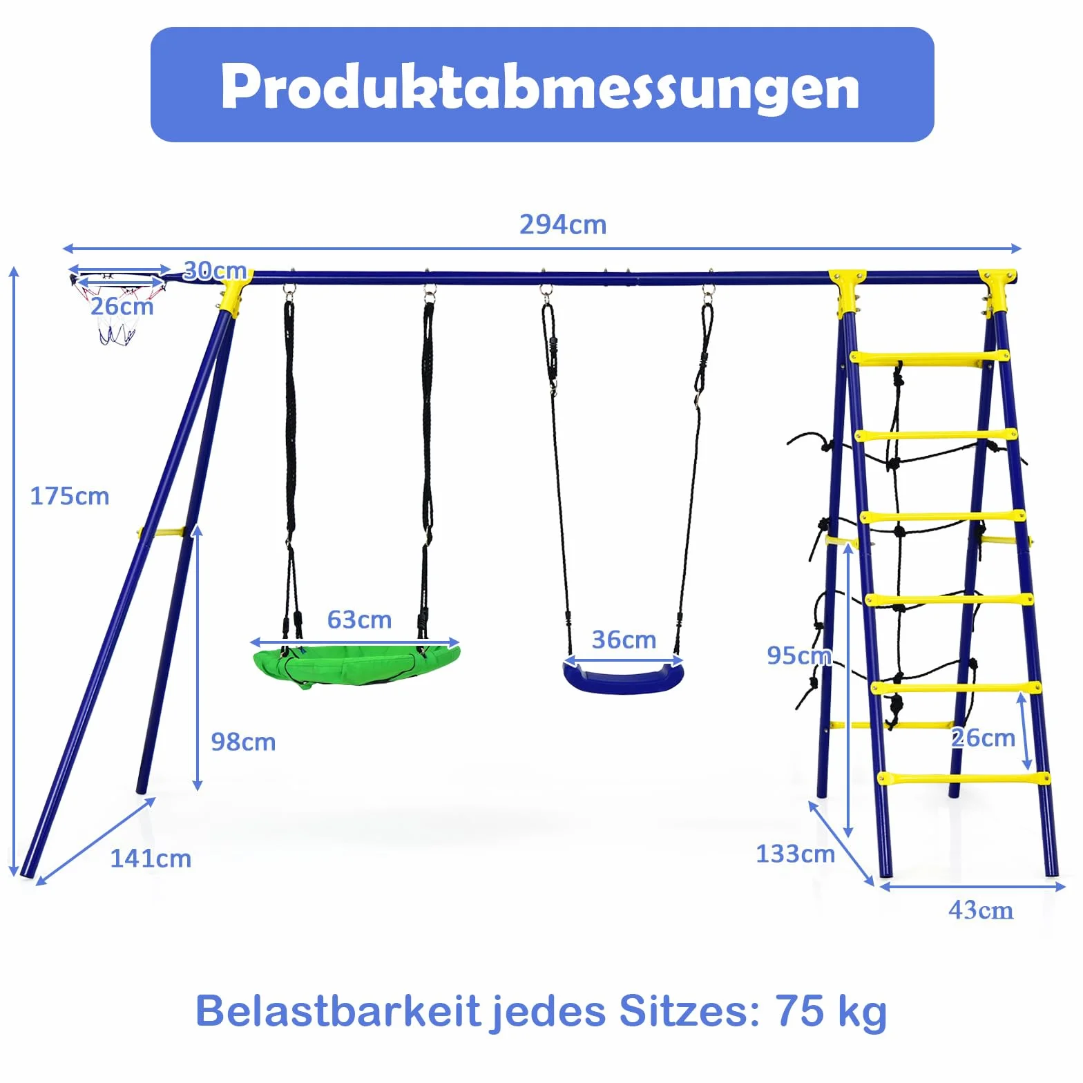 COSTWAY Zestaw huśtawek 5 w 1 z 2 huśtawkami, koszem do koszykówki, siatką do wspinaczki i drabiną wspinaczkową, huśtawka dziecięca ze stelażem, huśtawka ogrodowa, stelaż huśtawki z podwójną huśtawką